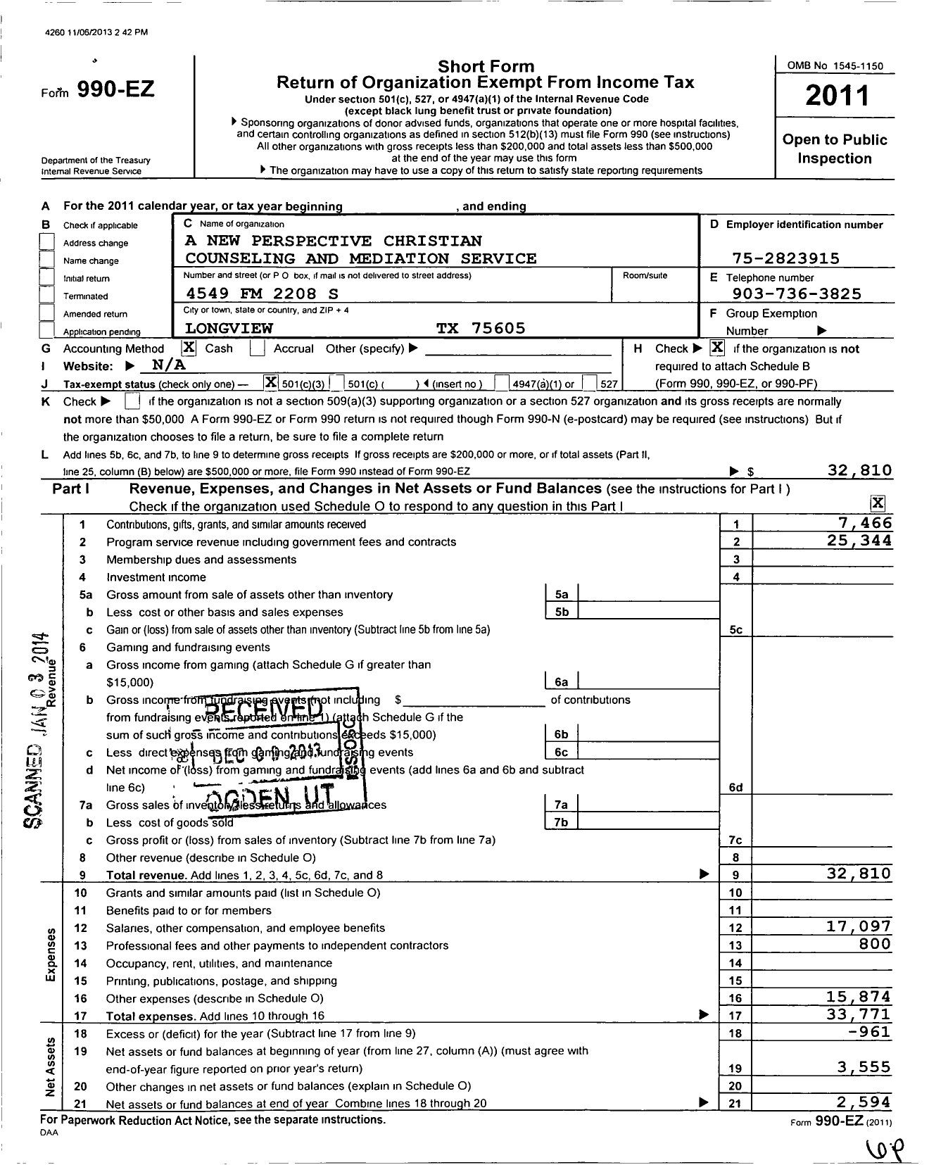 Image of first page of 2011 Form 990EZ for A New Perspective