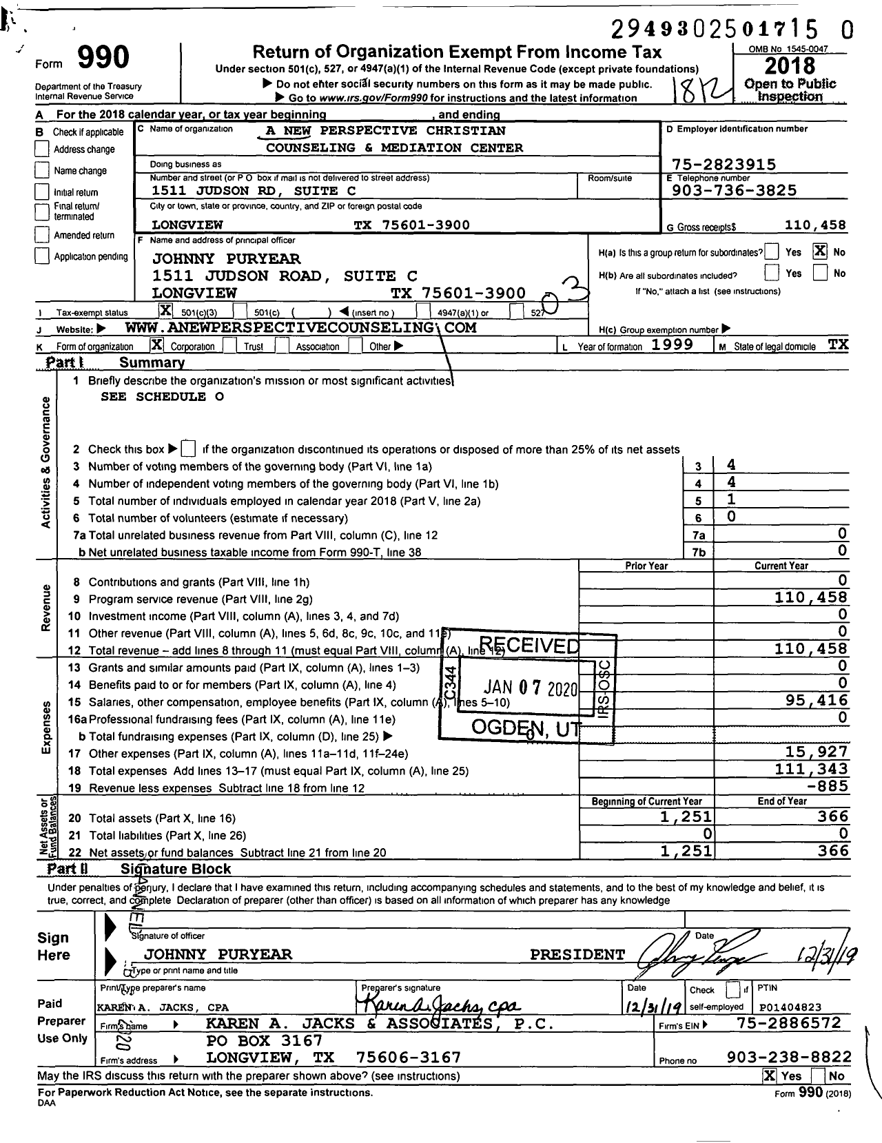 Image of first page of 2018 Form 990 for A New Perspective