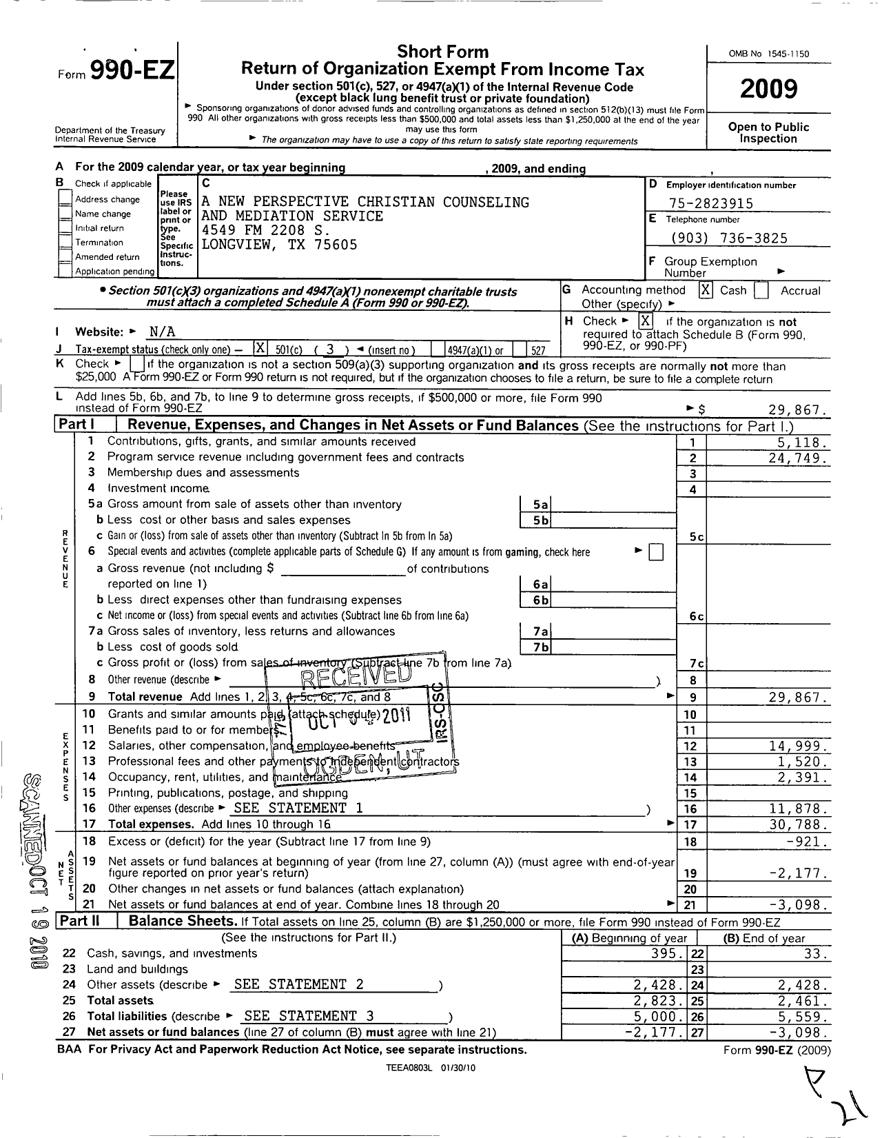 Image of first page of 2009 Form 990EZ for A New Perspective