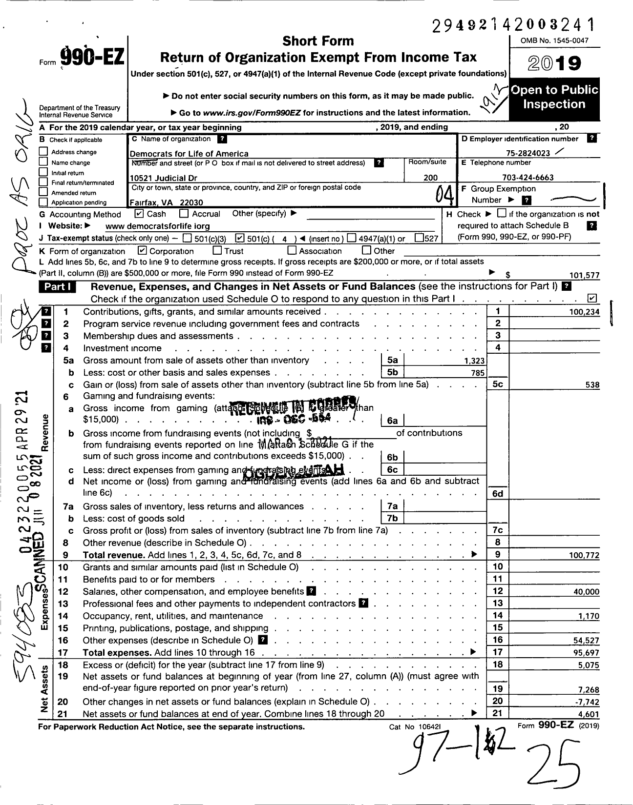 Image of first page of 2019 Form 990EO for Democrats for Life of America