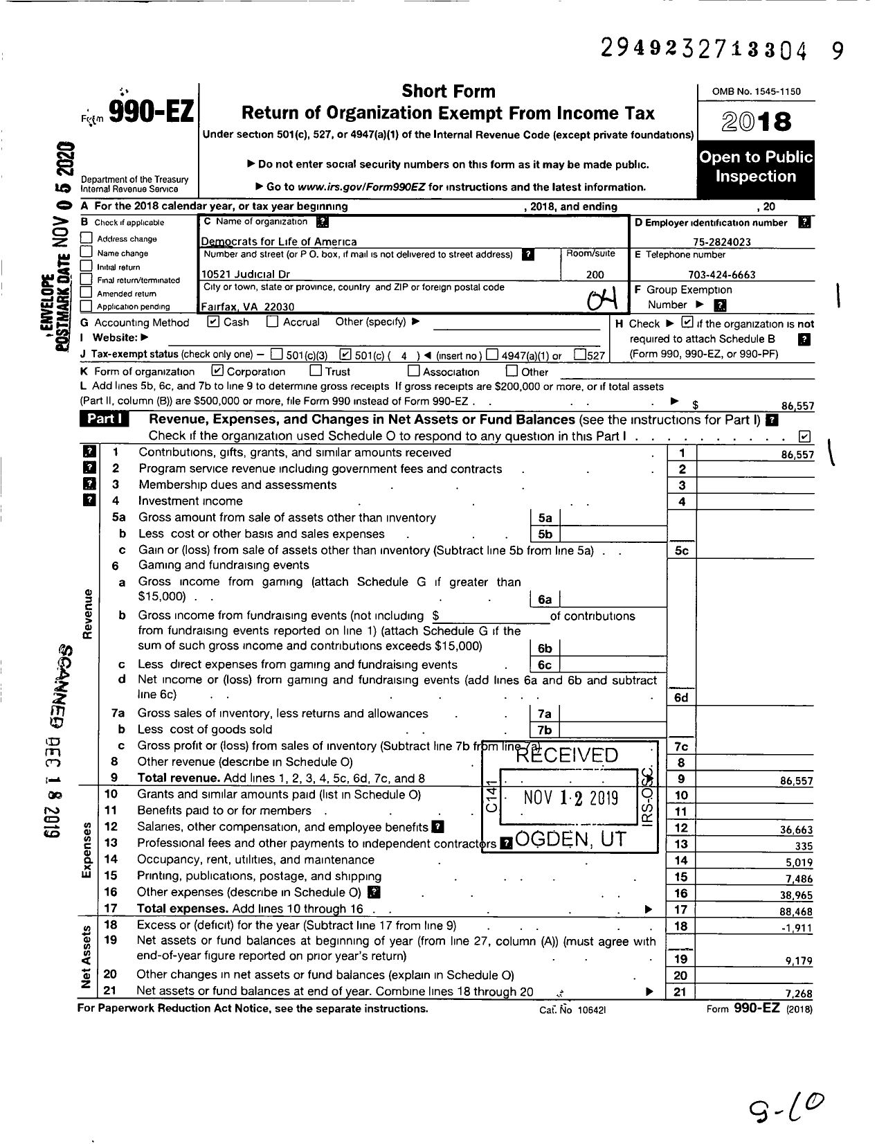 Image of first page of 2018 Form 990EO for Democrats for Life of America