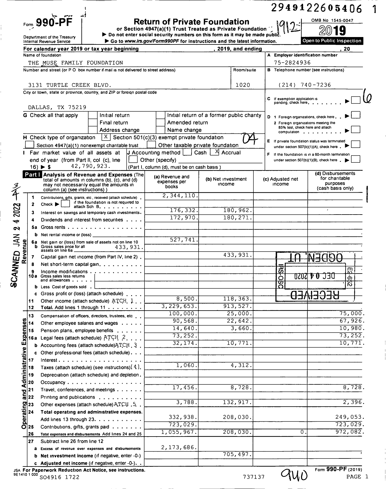 Image of first page of 2019 Form 990PF for The Muse Family Foundation