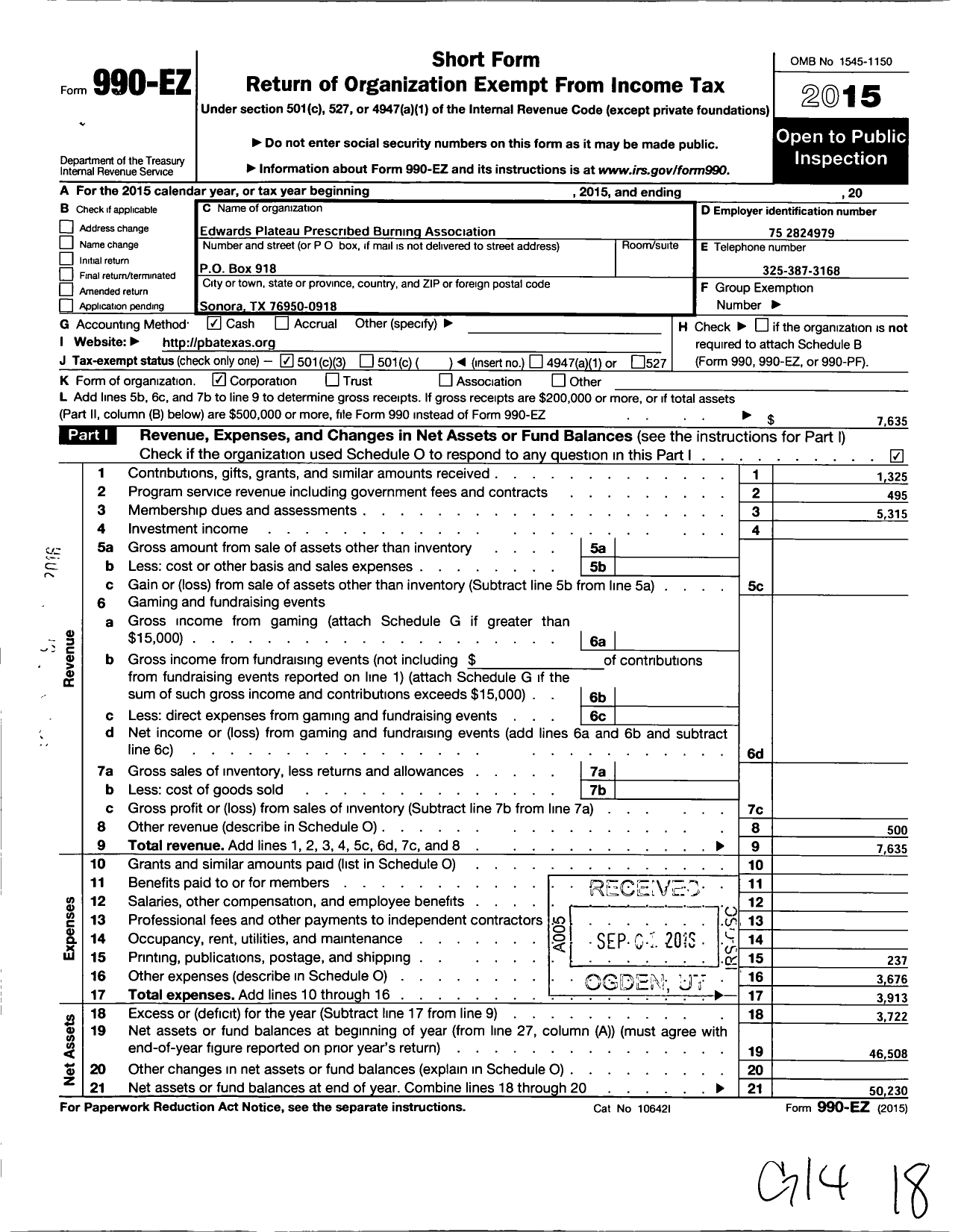 Image of first page of 2015 Form 990EZ for Edwards Plateau Prescribed Burning Association