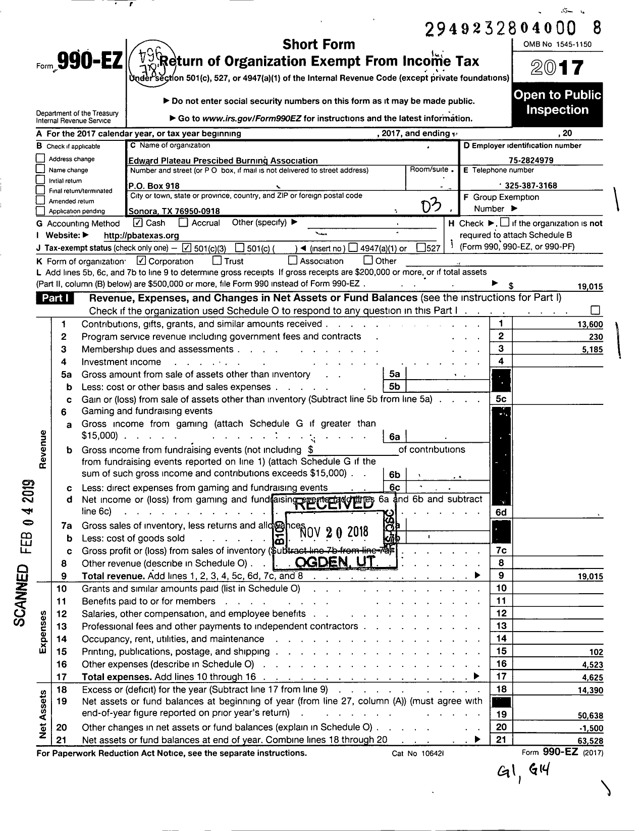 Image of first page of 2017 Form 990EZ for Edwards Plateau Prescribed Burning Association