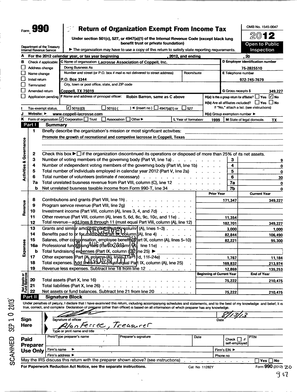 Image of first page of 2012 Form 990 for Lacrosse Association of Coppell