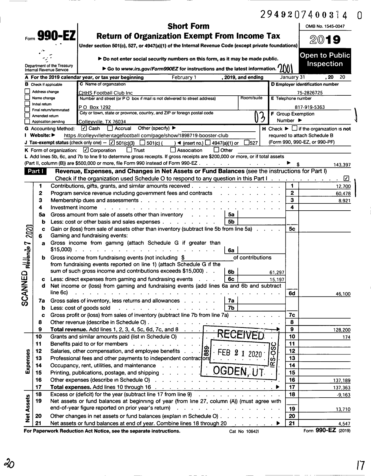 Image of first page of 2019 Form 990EZ for CHHS Football Club