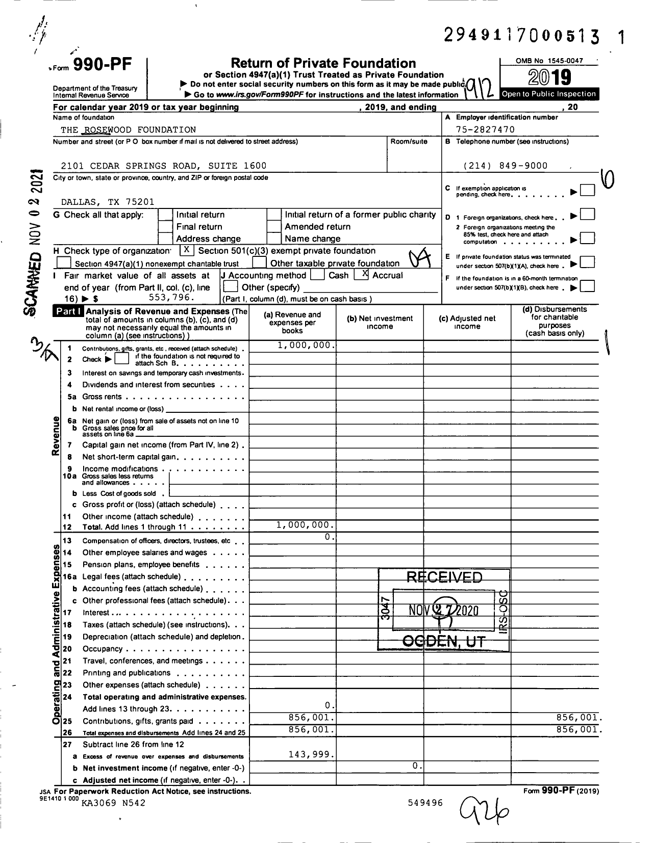 Image of first page of 2019 Form 990PF for The Rosewood Foundation / Sands David K