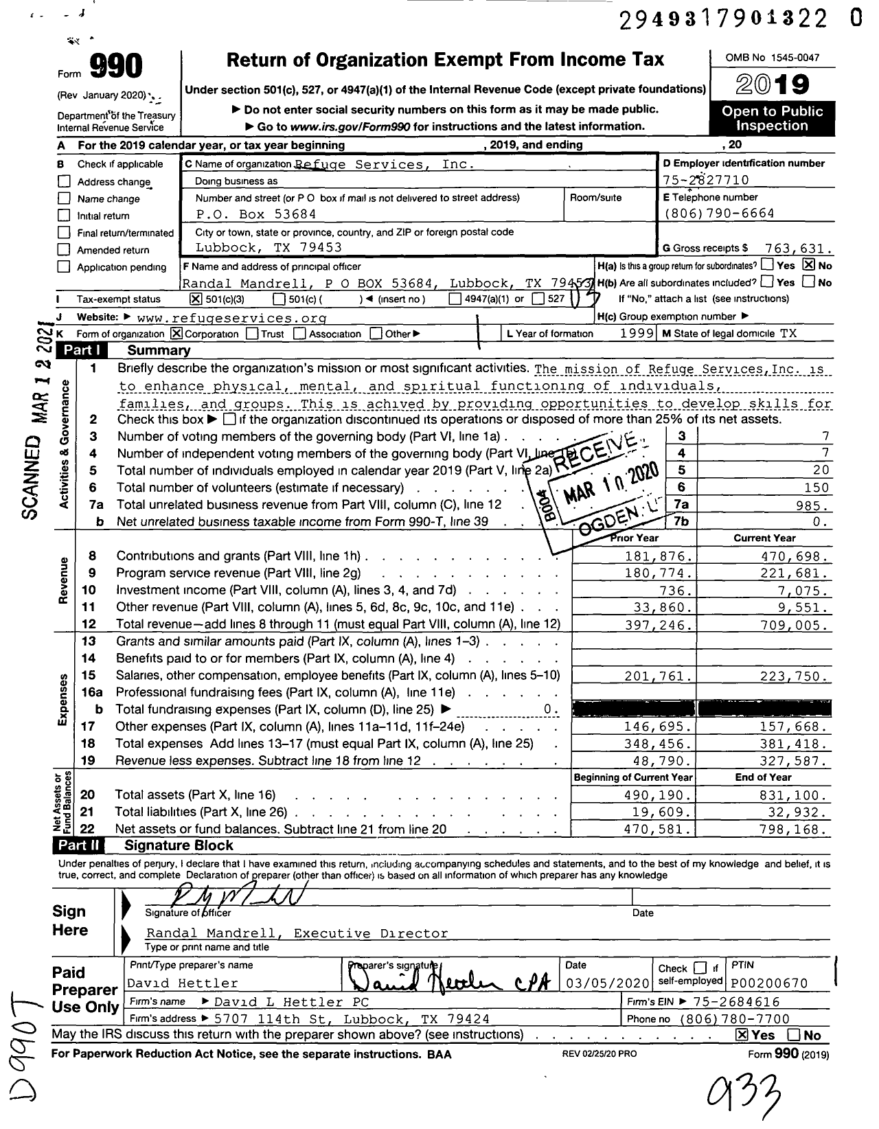 Image of first page of 2019 Form 990 for Refuge Services