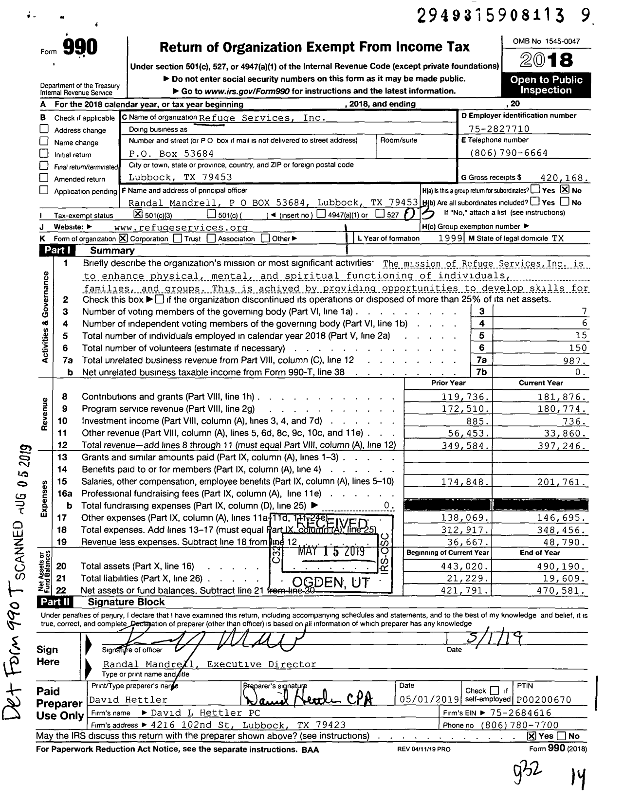Image of first page of 2018 Form 990 for Refuge Services