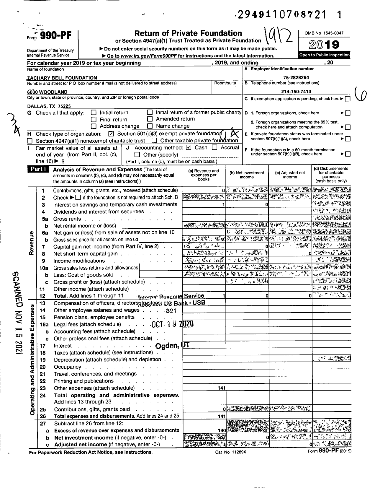 Image of first page of 2019 Form 990PF for Zachary Bell Foundation