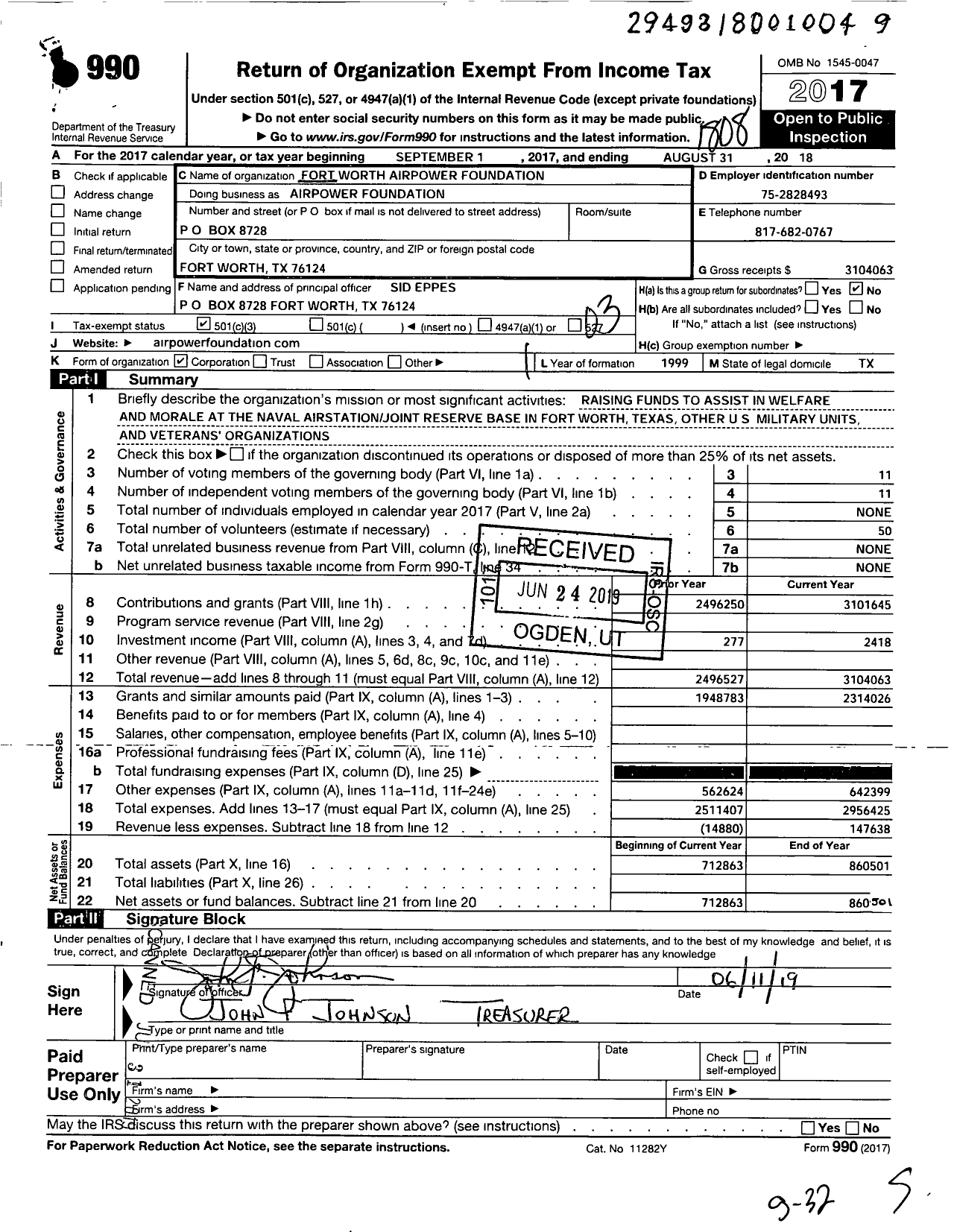 Image of first page of 2017 Form 990 for Fort Worth Airpower Foundation