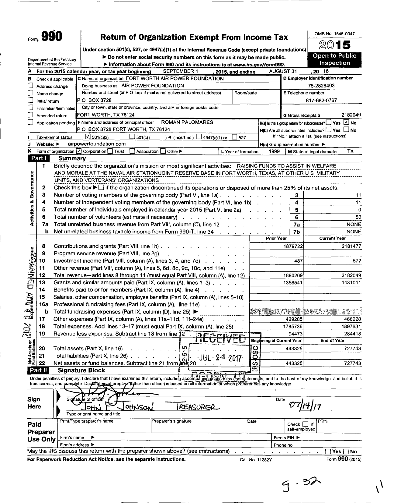 Image of first page of 2015 Form 990 for Fort Worth Airpower Foundation