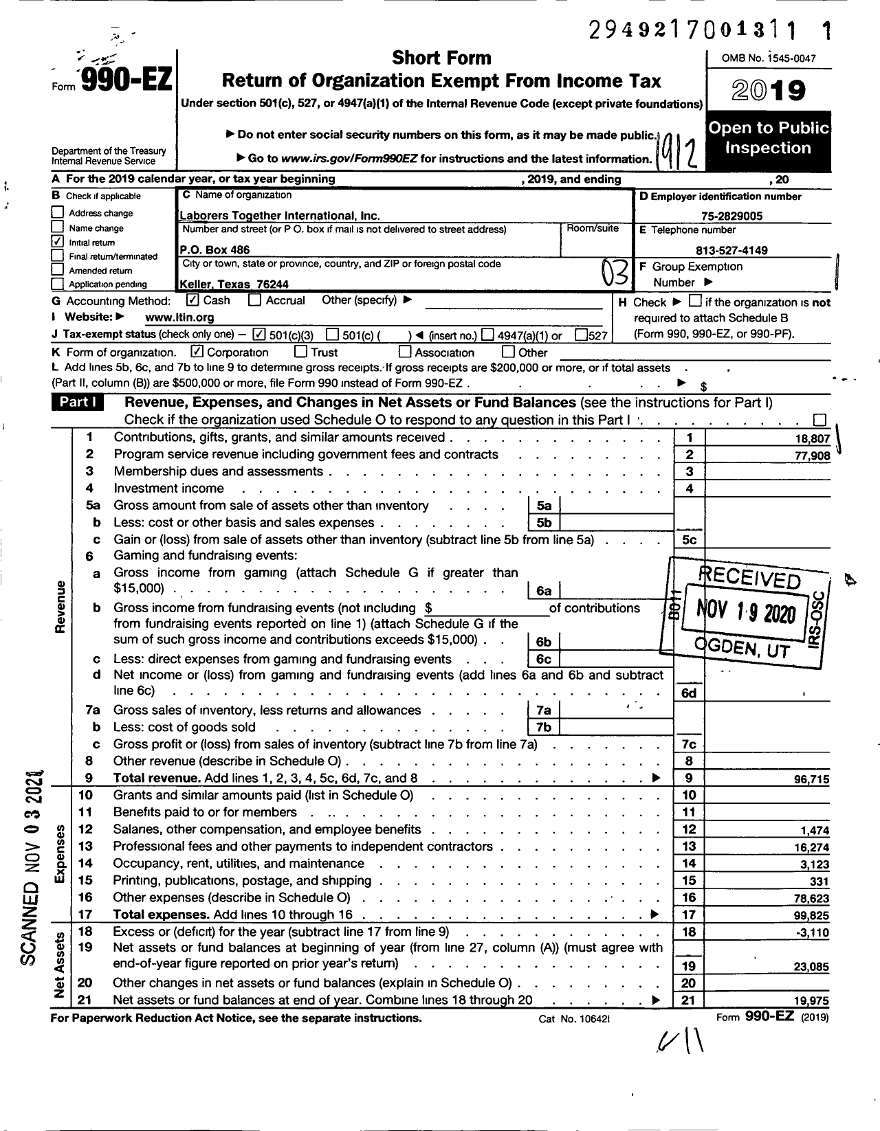 Image of first page of 2019 Form 990EZ for Laborers Together International