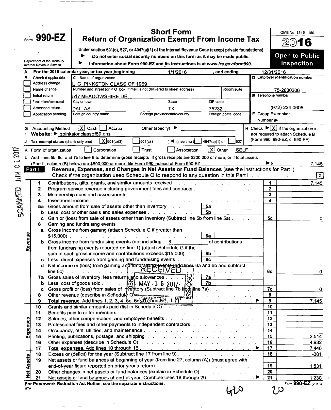 Image of first page of 2016 Form 990EZ for L G Pinkston Class of 69 Alumni