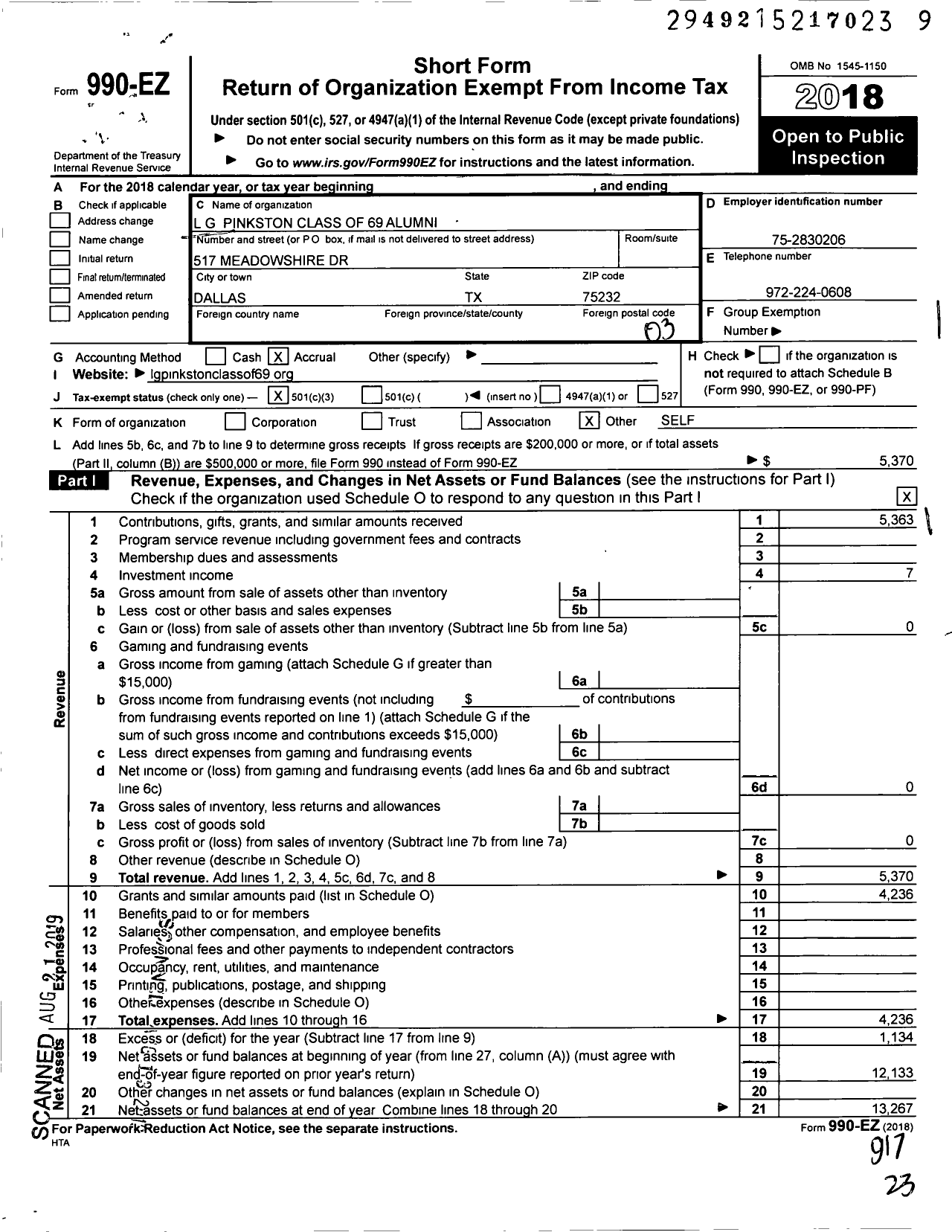 Image of first page of 2018 Form 990EZ for L G Pinkston Class of 69 Alumni