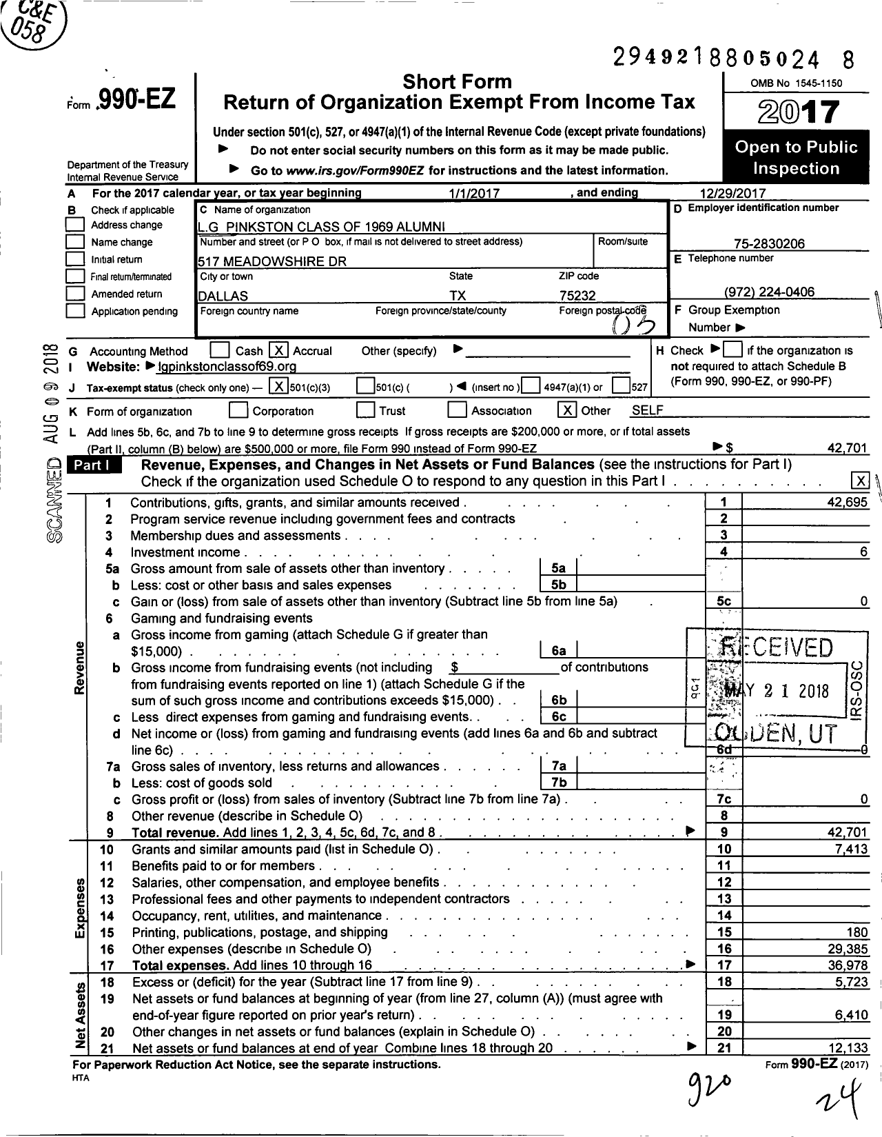 Image of first page of 2017 Form 990EZ for L G Pinkston Class of 69 Alumni