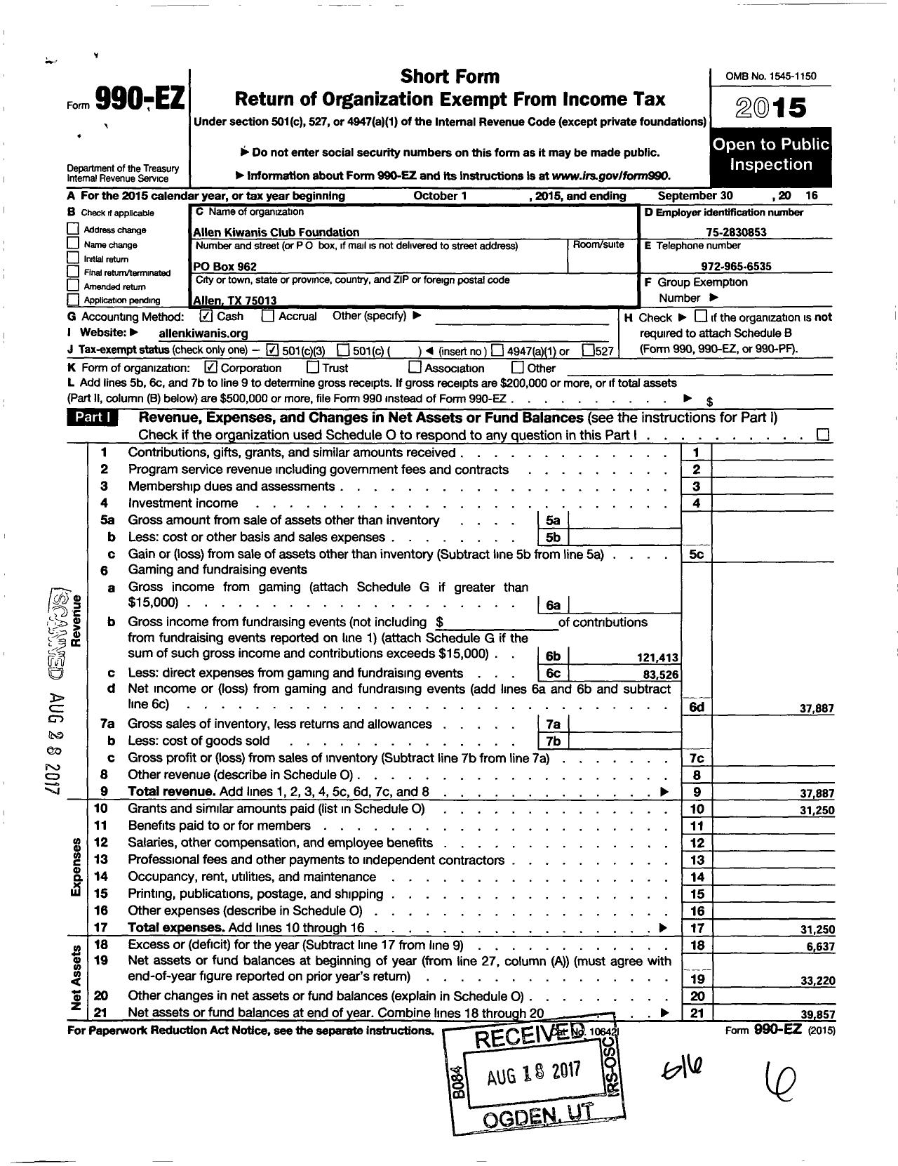 Image of first page of 2015 Form 990EZ for Allen Kiwanis Club Foundation