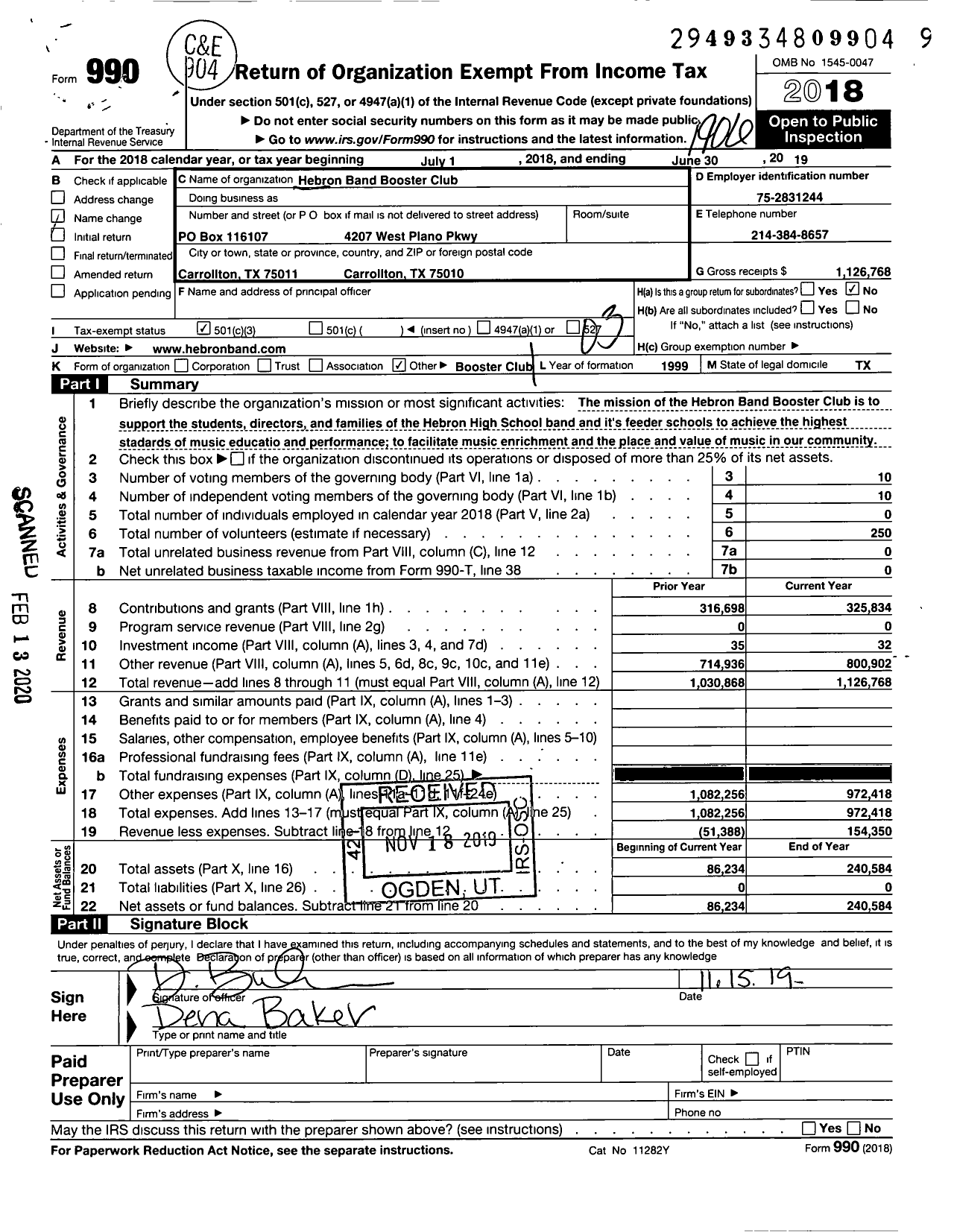 Image of first page of 2018 Form 990 for Hebron Band Booster Club