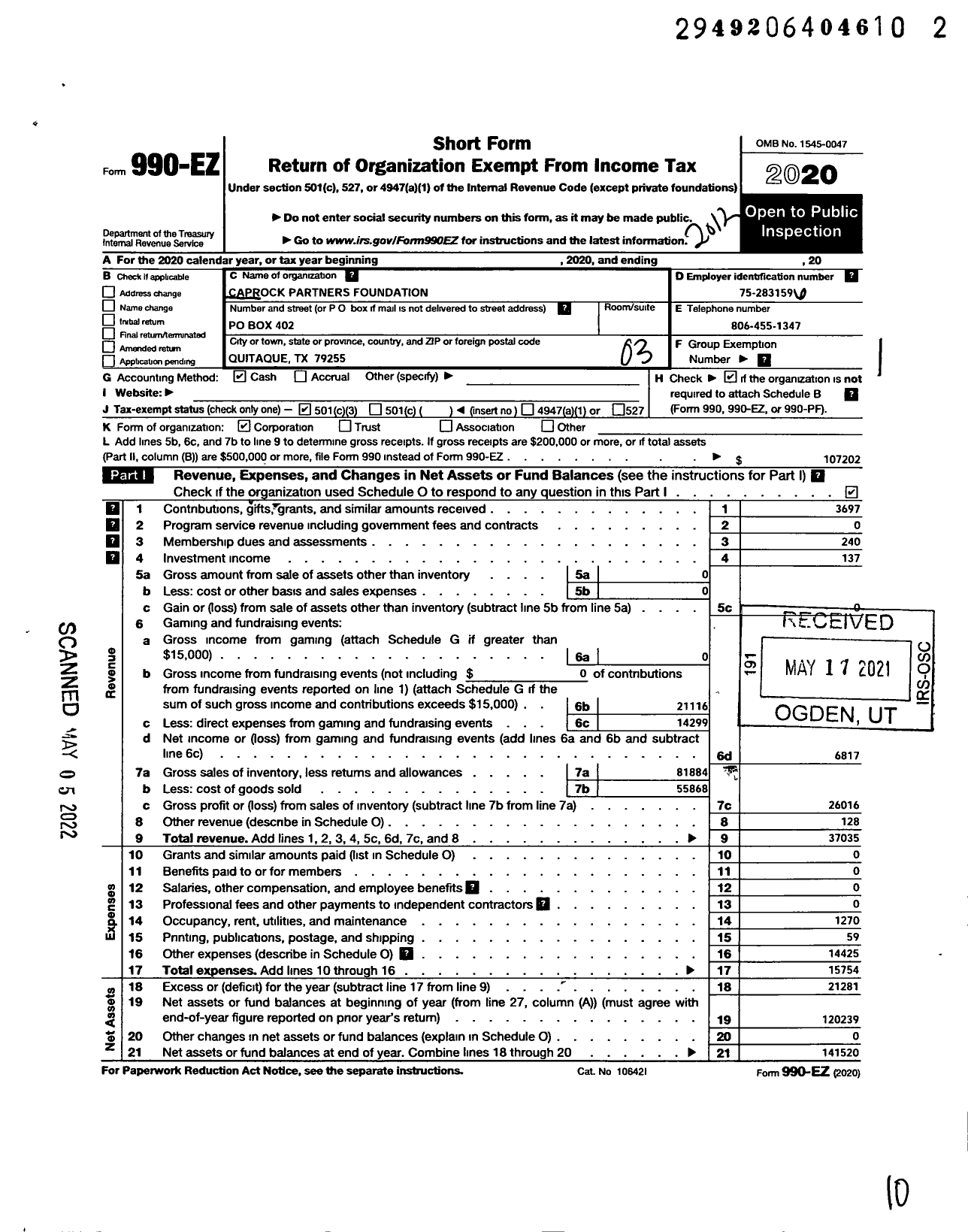 Image of first page of 2020 Form 990EZ for Caprock Partners Foundation