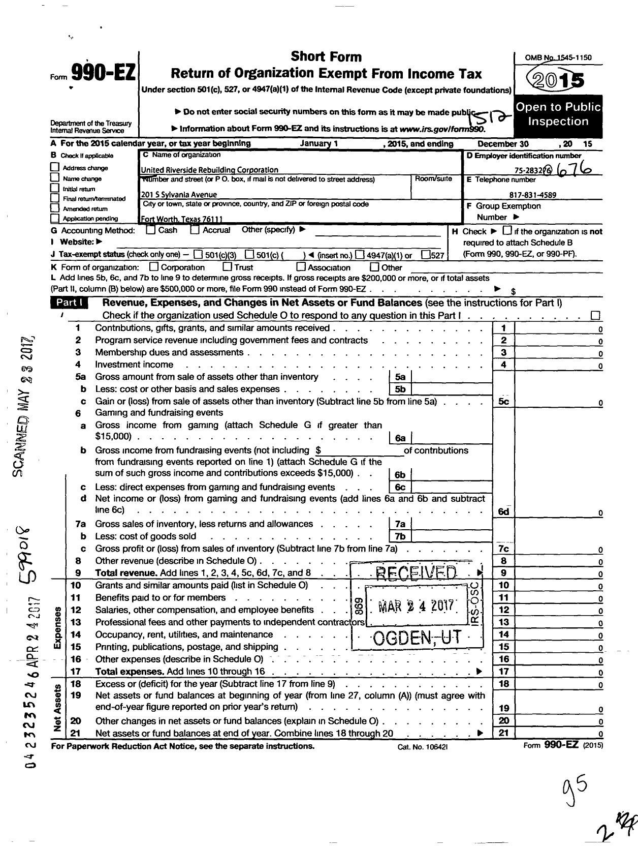 Image of first page of 2015 Form 990EO for United Riverside Rebuilding Corporation