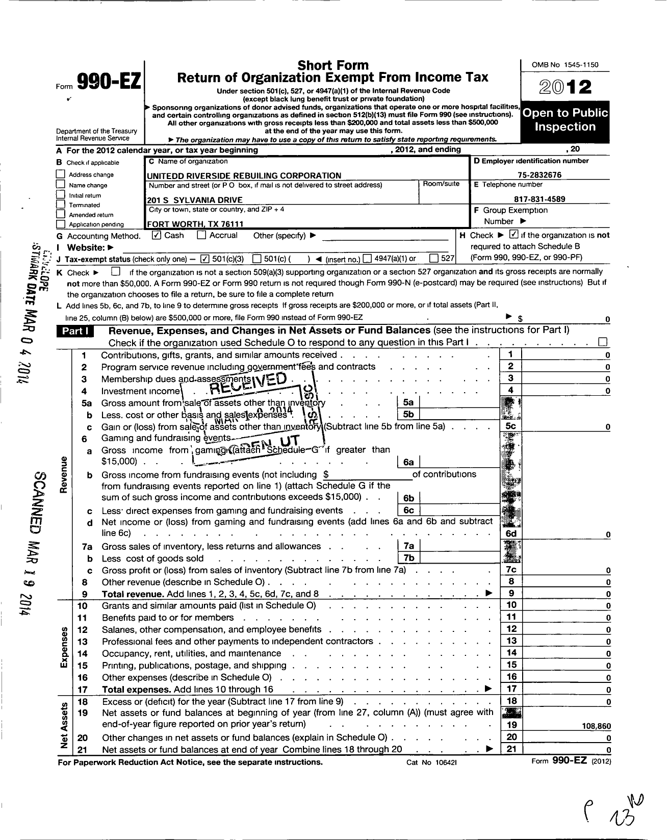 Image of first page of 2012 Form 990EZ for United Riverside Rebuilding Corporation