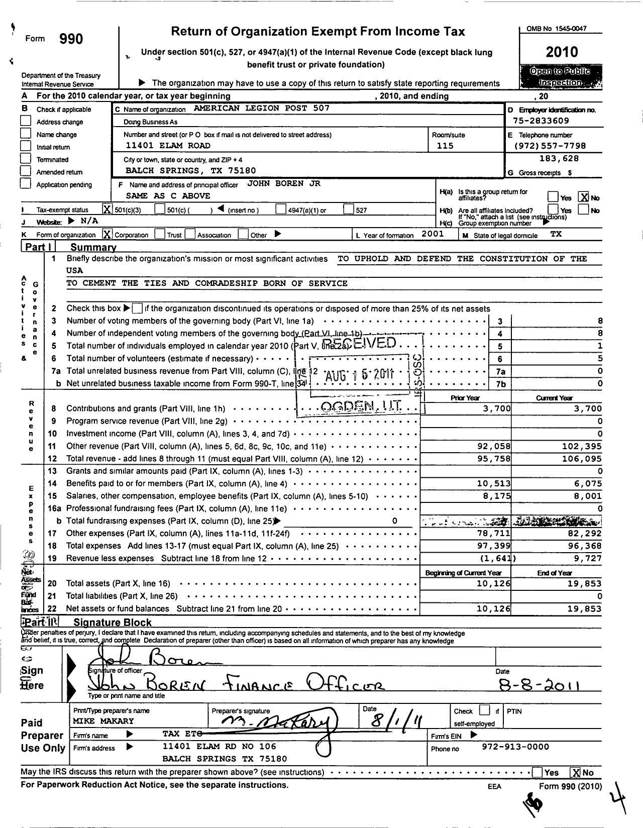 Image of first page of 2010 Form 990 for Amvets - 507 American Legion Post