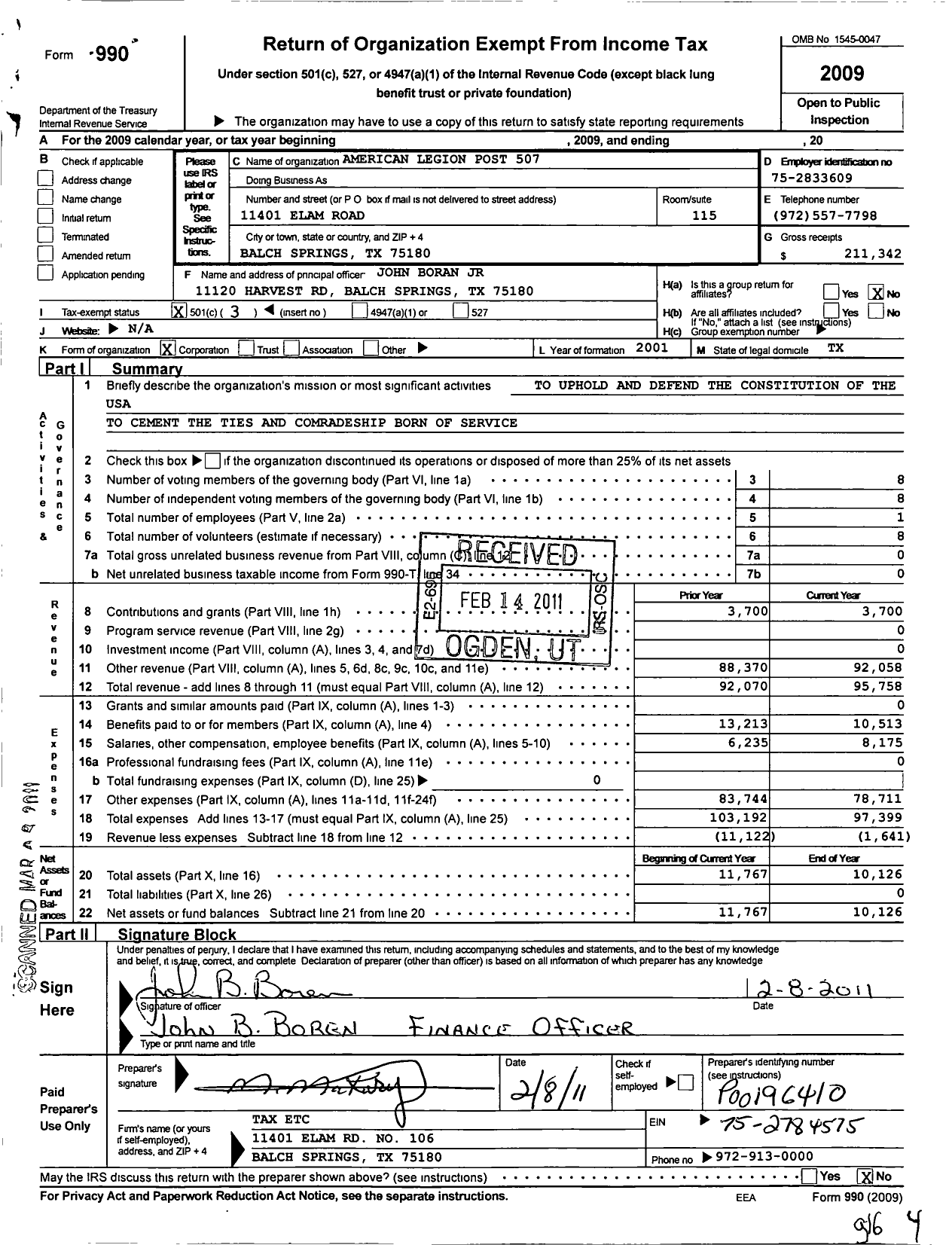 Image of first page of 2009 Form 990 for Amvets - 507 American Legion Post