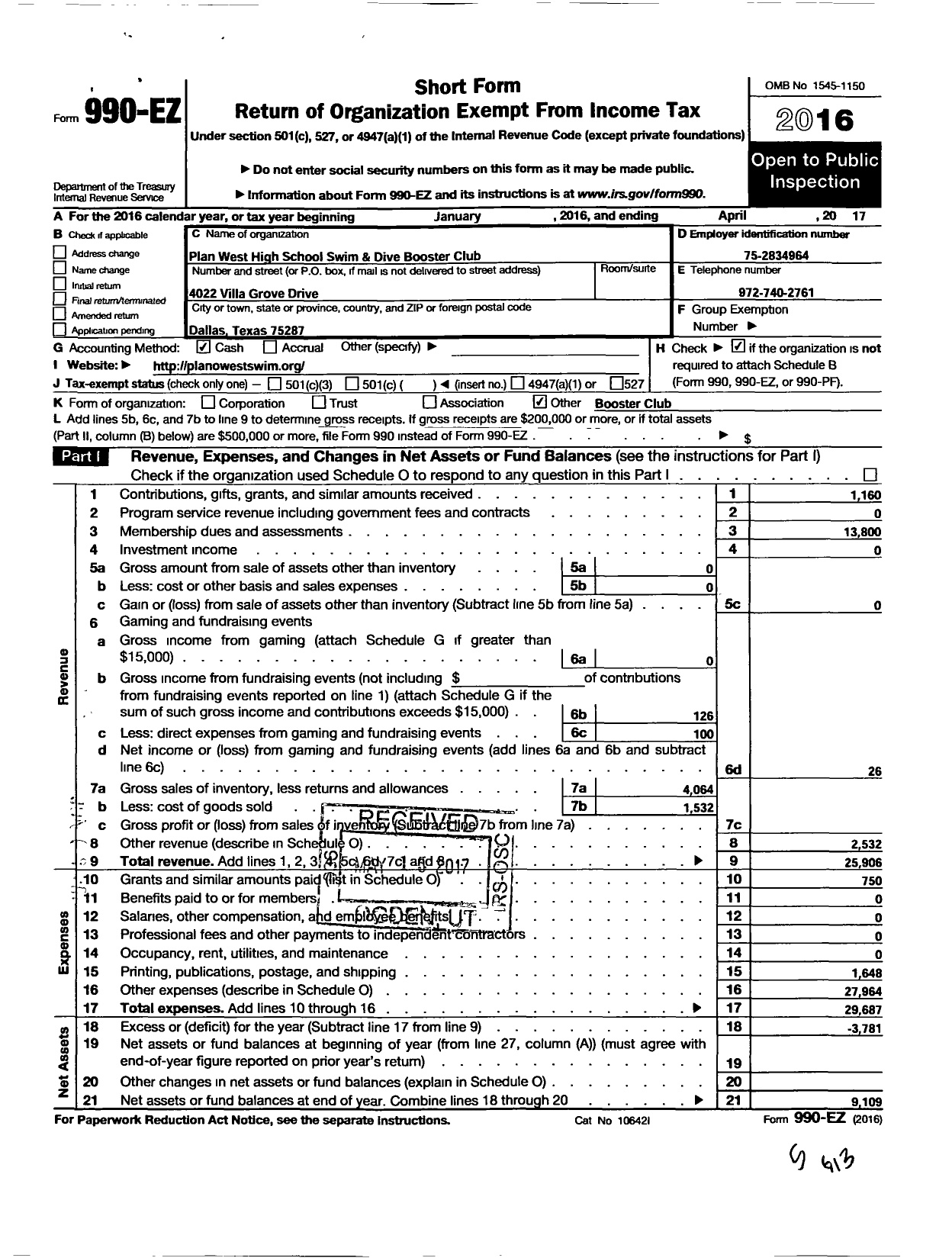 Image of first page of 2016 Form 990EO for Plano West High School Booster Club Swim and Dive Team