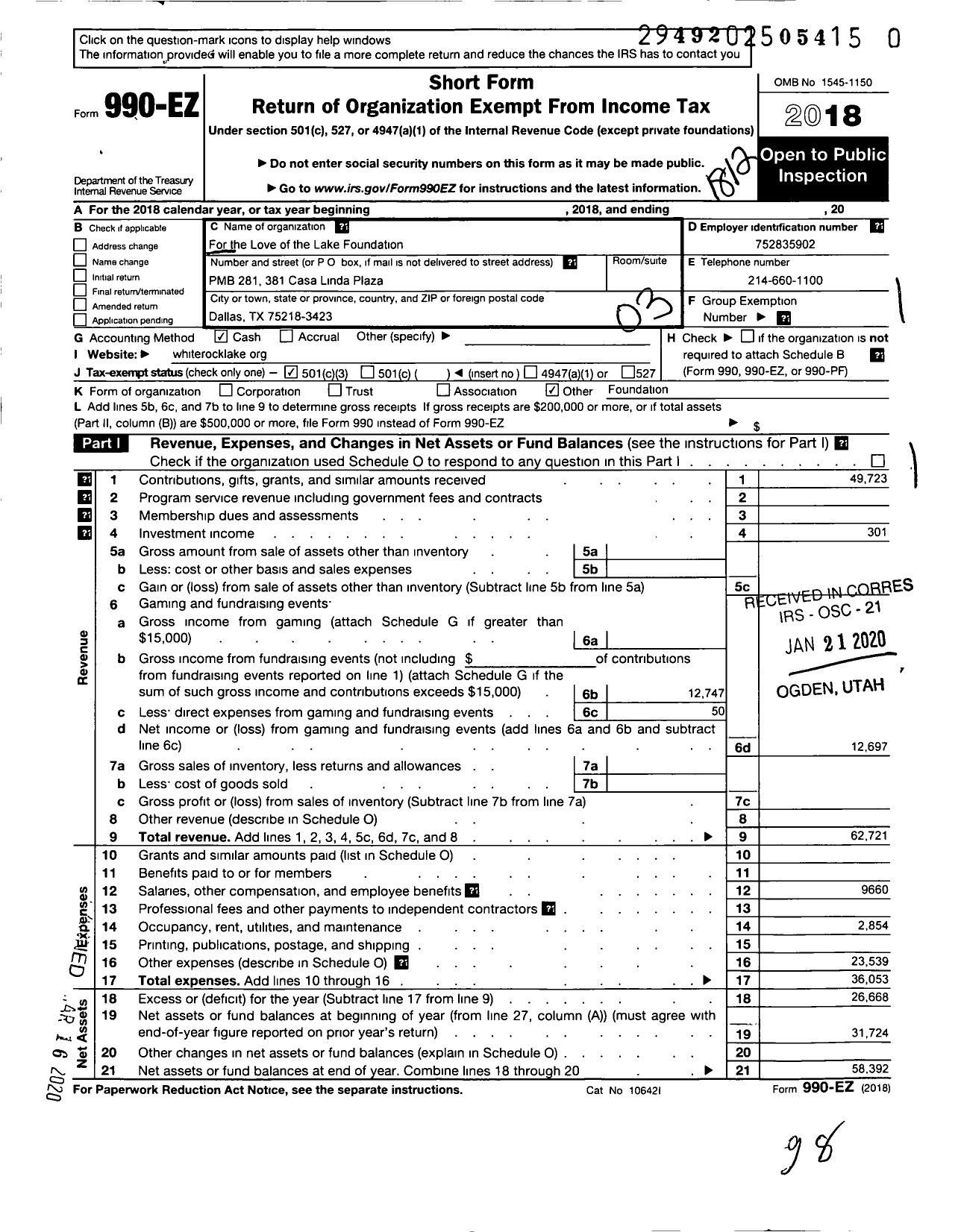 Image of first page of 2018 Form 990EZ for For the Love of the Lake Foundation