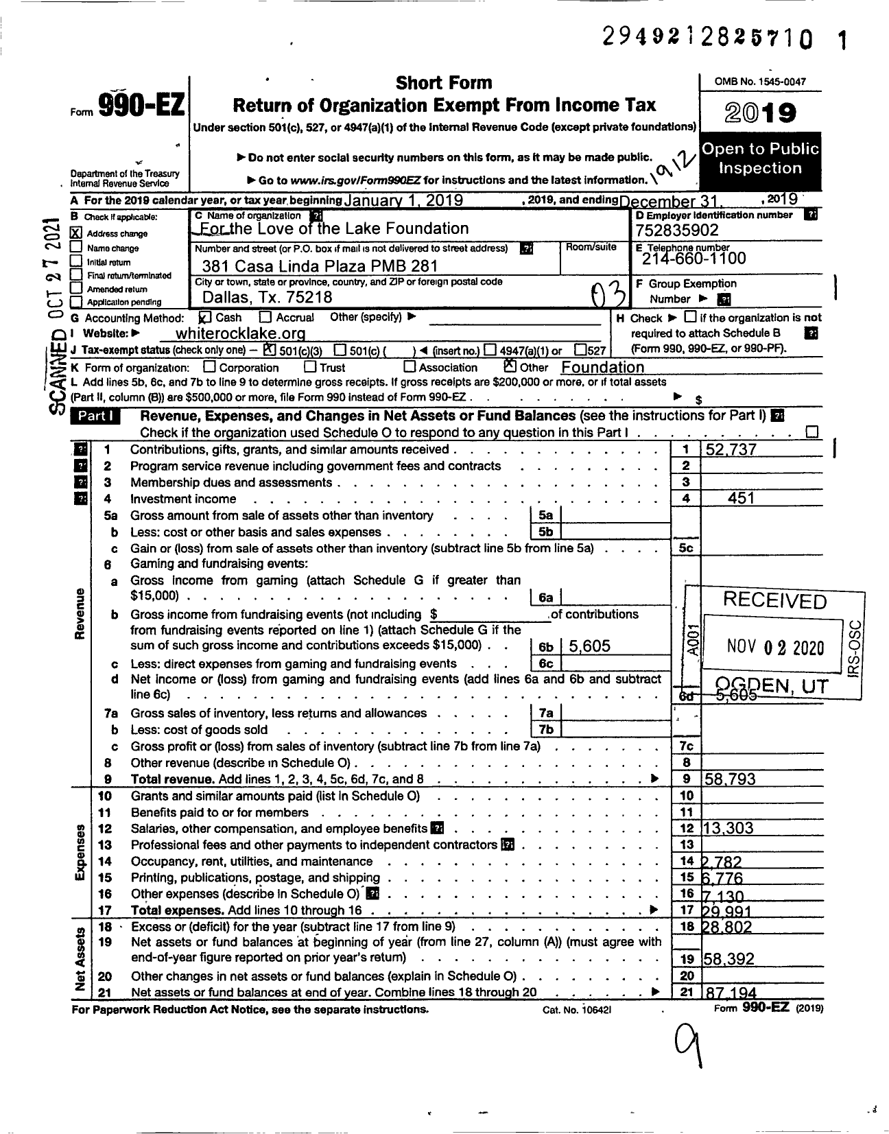 Image of first page of 2019 Form 990EZ for For the Love of the Lake Foundation