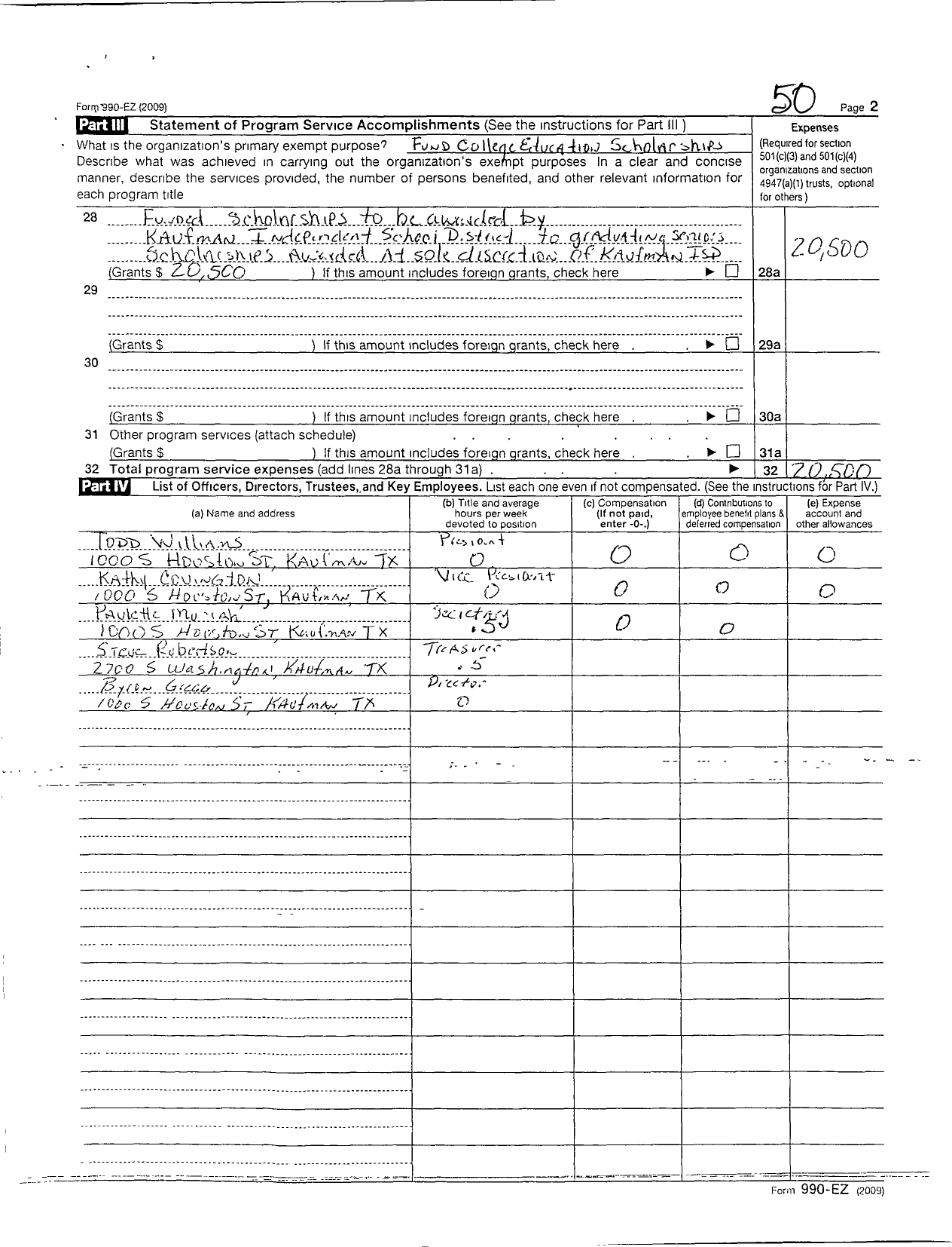 Image of first page of 2009 Form 990ER for Kaufman Isd Education Foundation