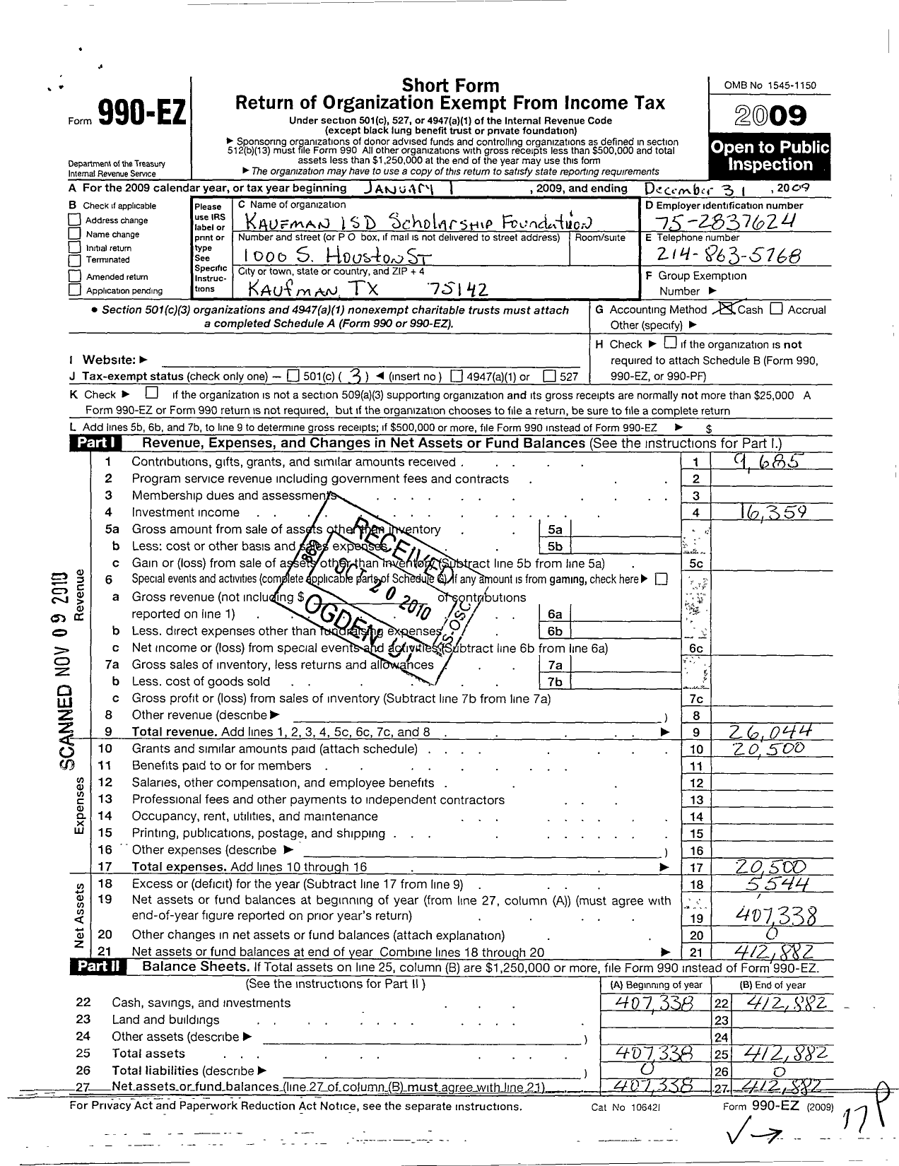 Image of first page of 2009 Form 990EZ for Kaufman Isd Education Foundation