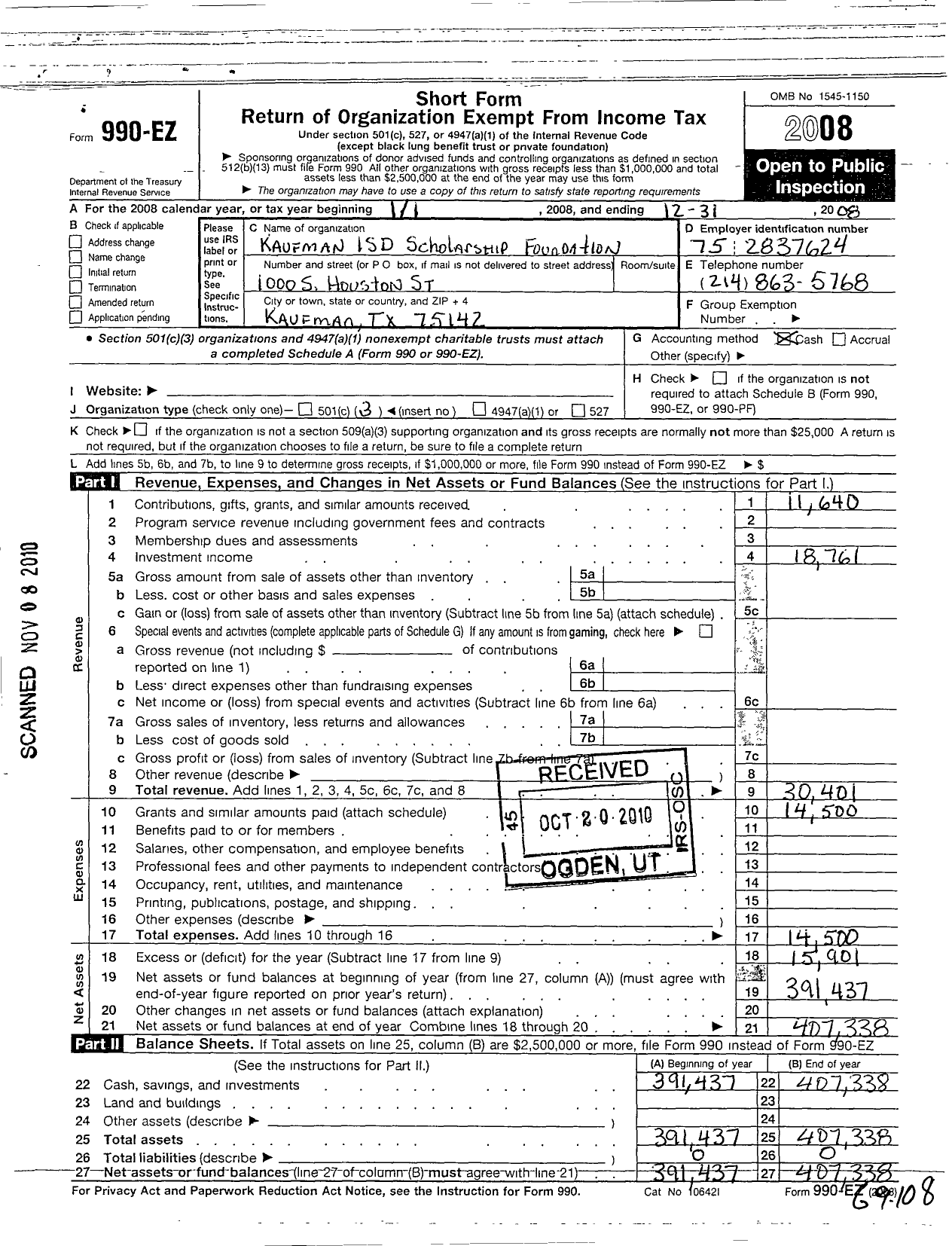 Image of first page of 2008 Form 990EZ for Kaufman Isd Education Foundation