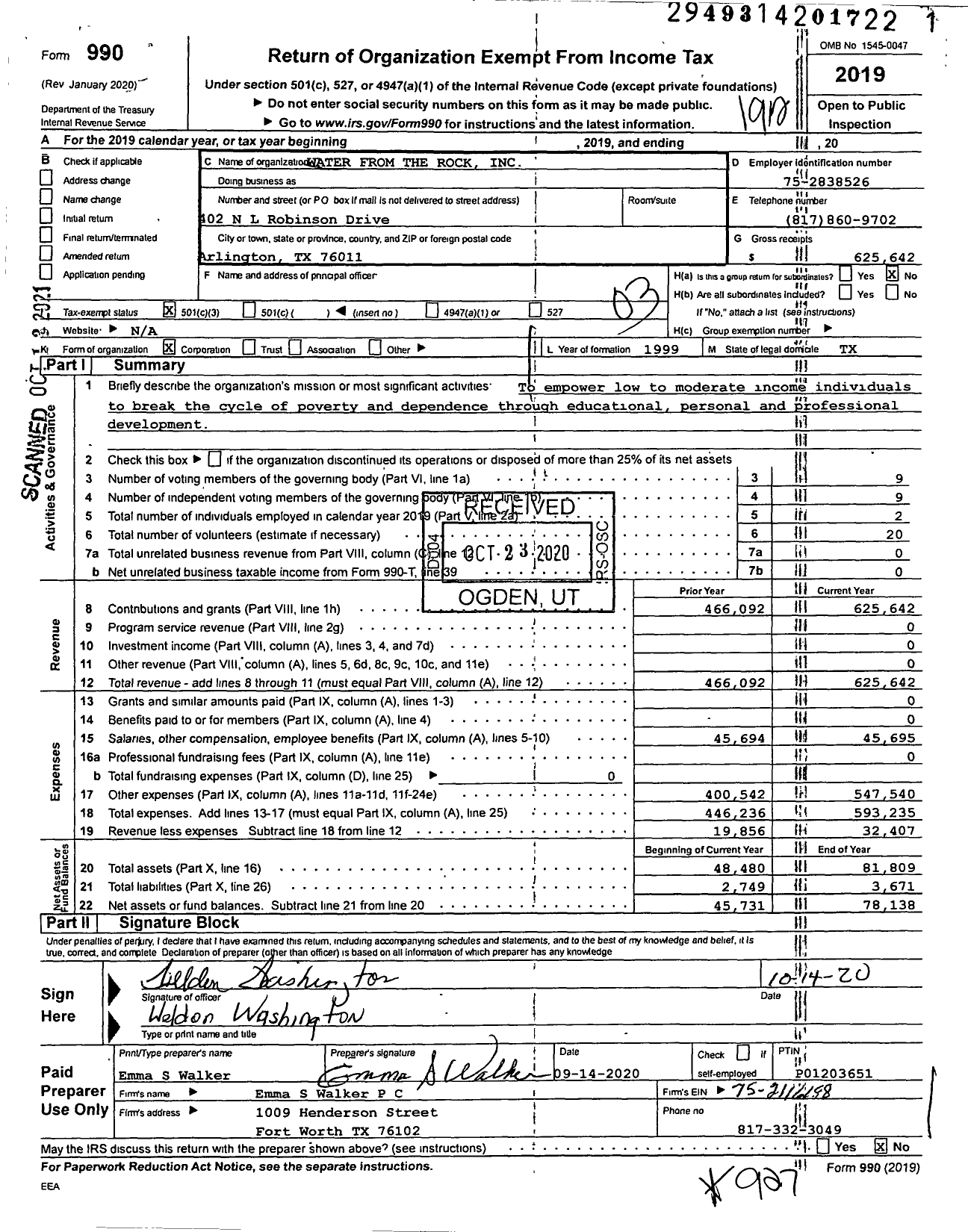 Image of first page of 2019 Form 990 for Water From the Rock