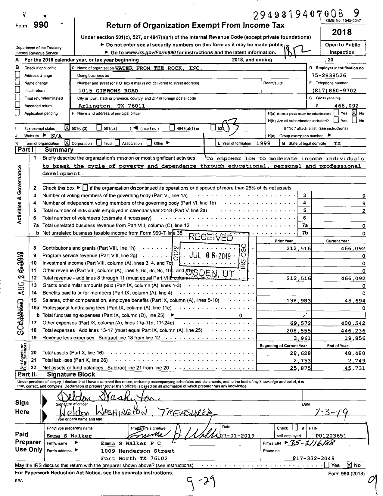 Image of first page of 2018 Form 990 for Water From the Rock