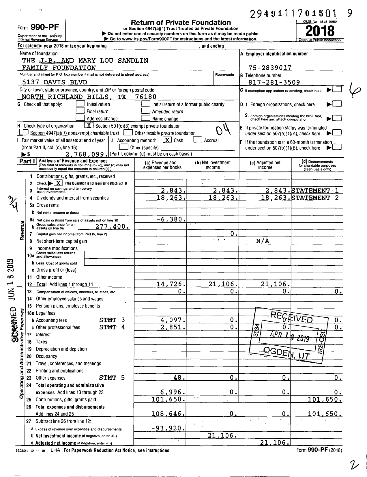 Image of first page of 2018 Form 990PF for The JB and Mary Lou Sandlin Family Foundation