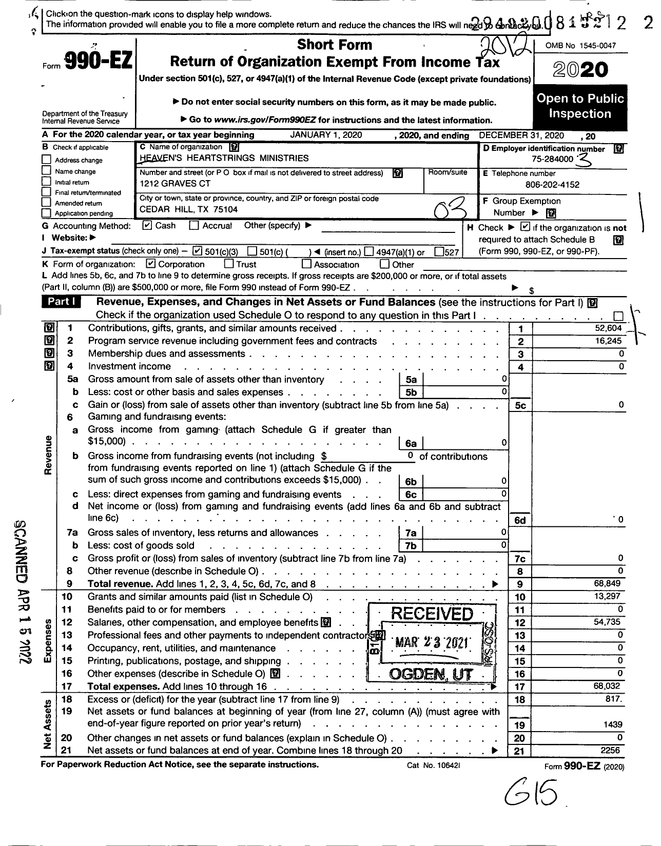 Image of first page of 2020 Form 990EZ for Heavens Heartstrings Ministries