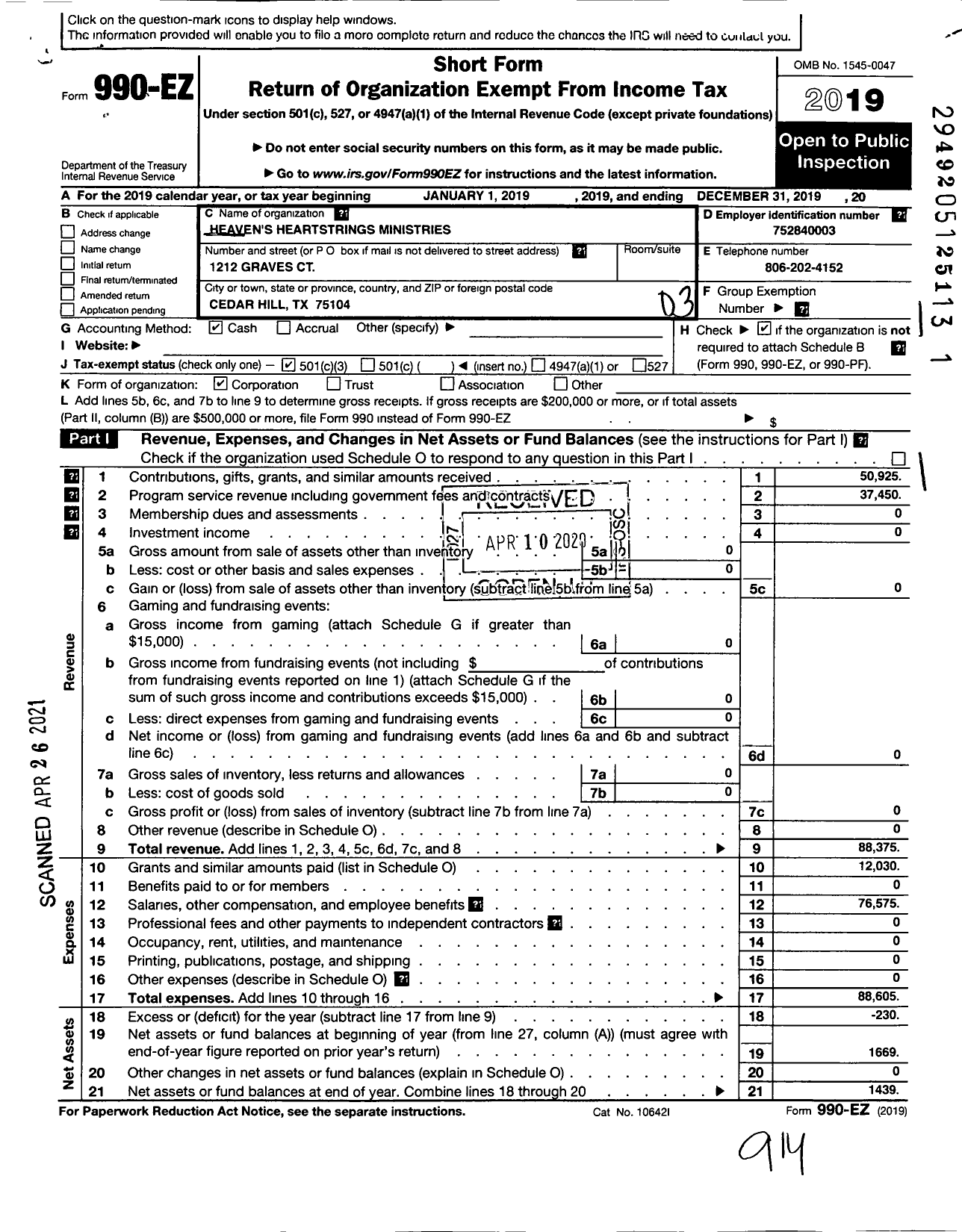 Image of first page of 2019 Form 990EZ for Heavens Heartstrings Ministries