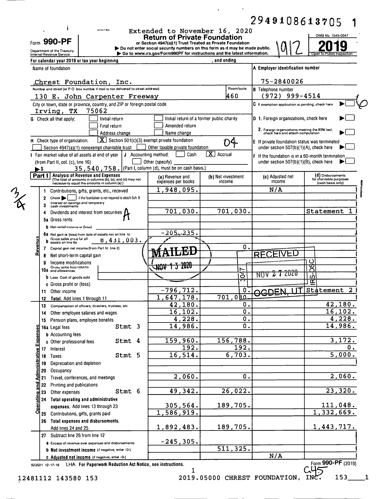 Image of first page of 2019 Form 990PF for Chrest Foundation