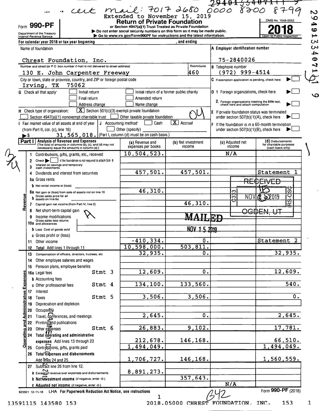 Image of first page of 2018 Form 990PF for Chrest Foundation