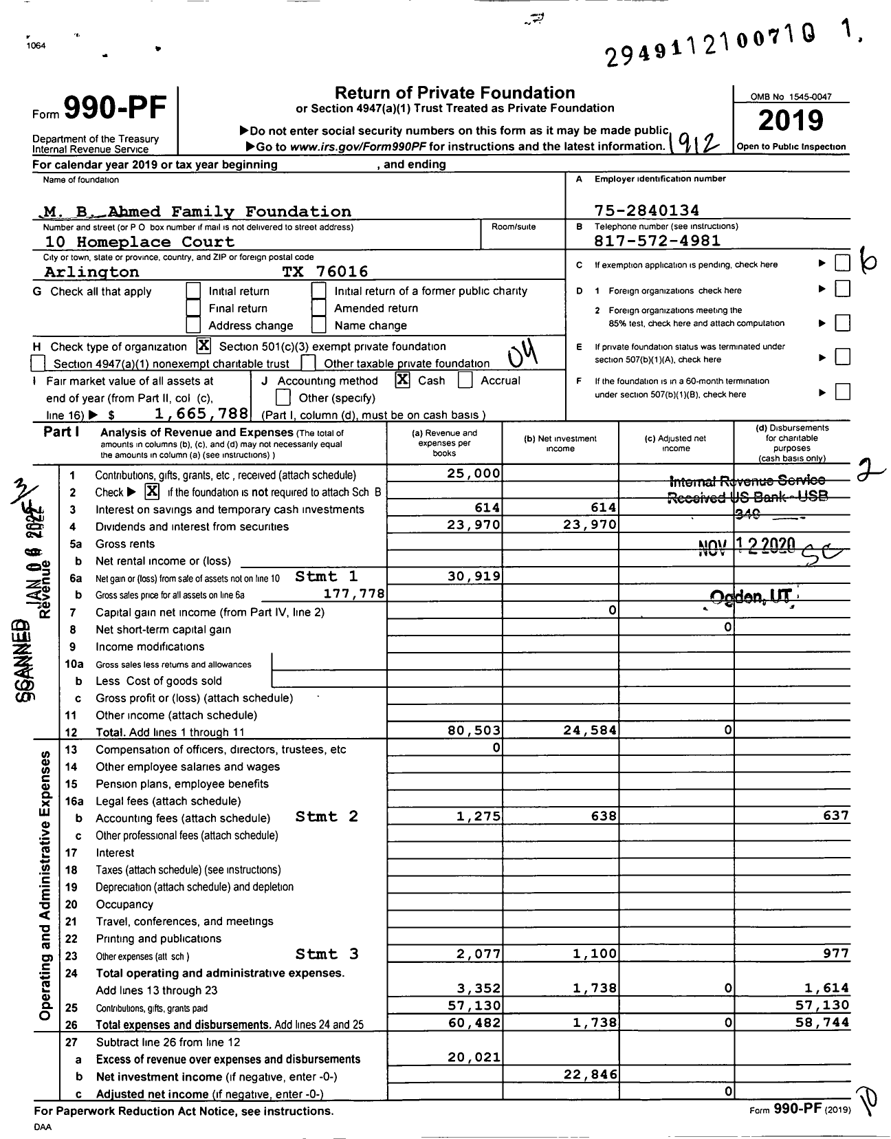 Image of first page of 2019 Form 990PF for M B Ahmed Family Foundation