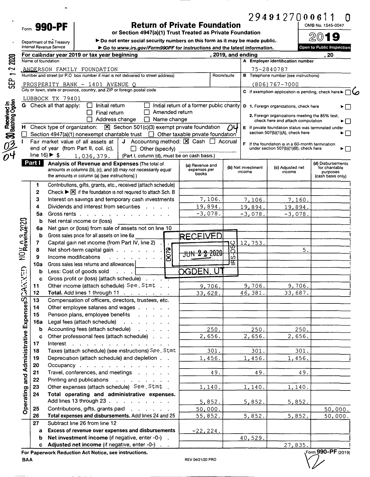 Image of first page of 2019 Form 990PF for Anderson Family Foundation