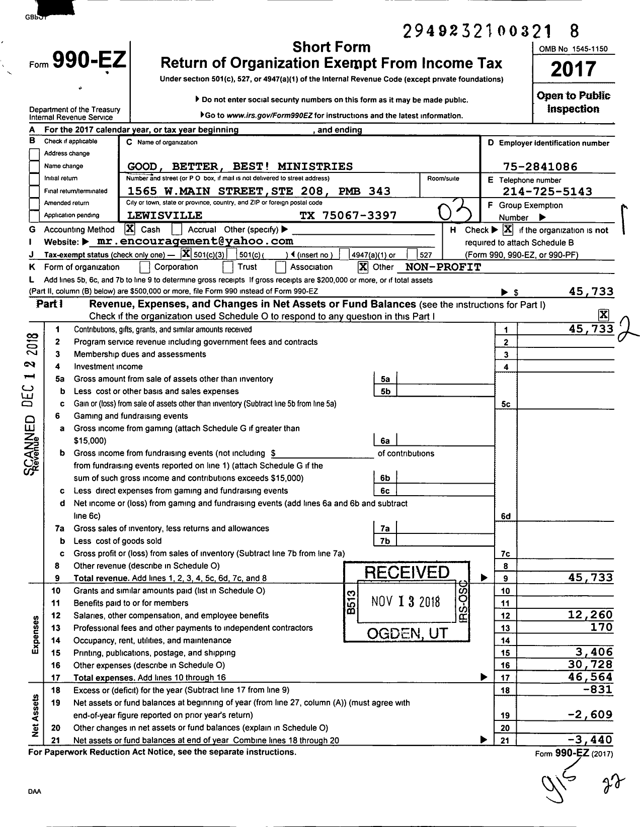 Image of first page of 2017 Form 990EZ for Good Better Best Ministries