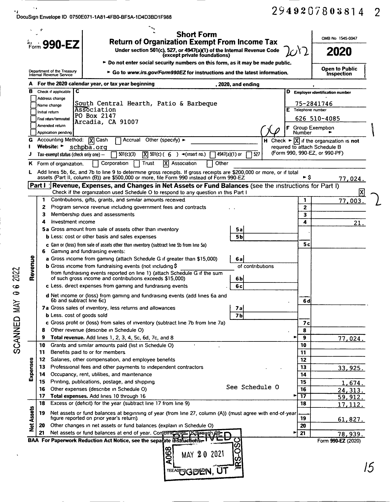 Image of first page of 2020 Form 990EO for South Central Hearth Patio&barbeque Association