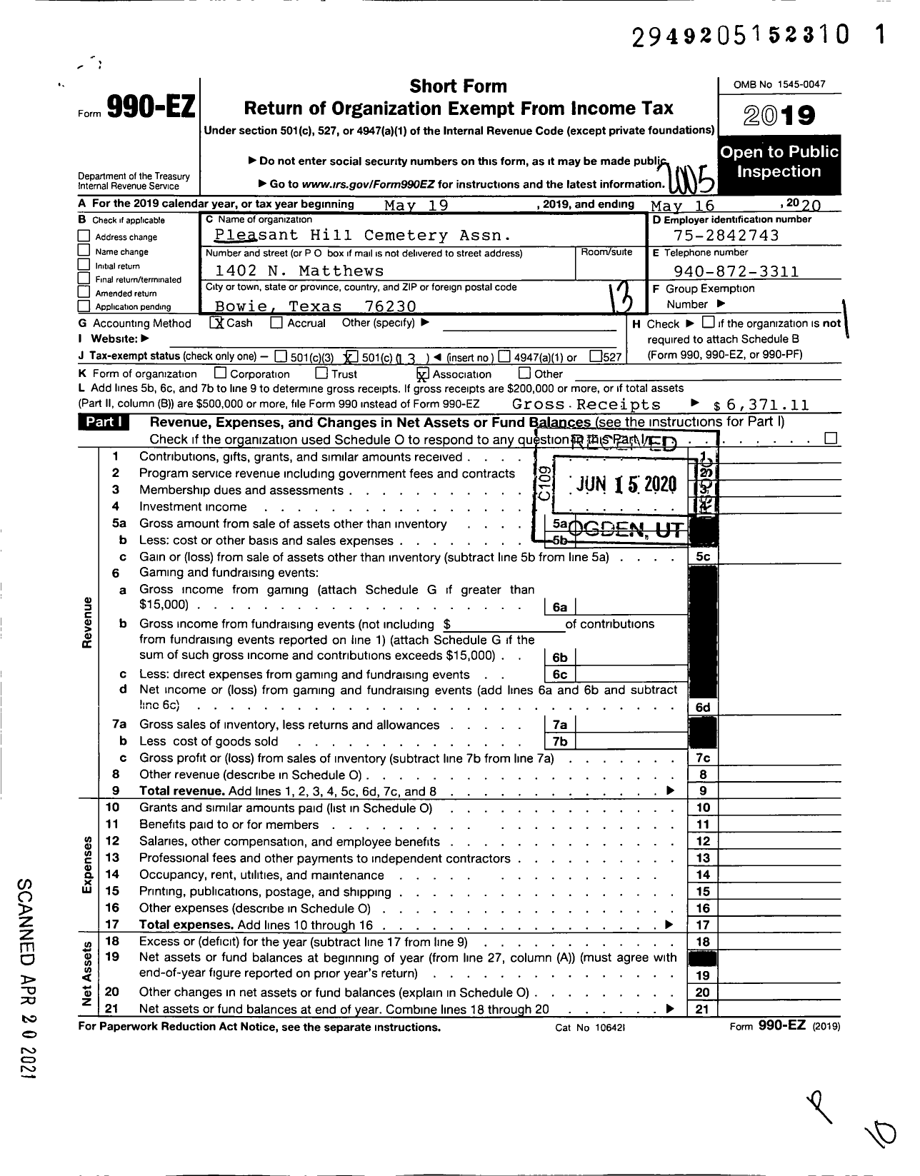 Image of first page of 2019 Form 990EO for Montague County Pleasant Hill Cemetery Corporation