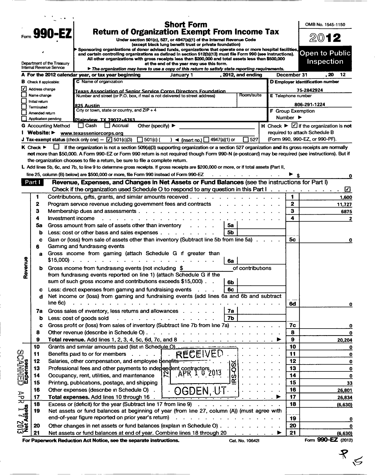 Image of first page of 2012 Form 990EZ for Texas Senior Corps Association