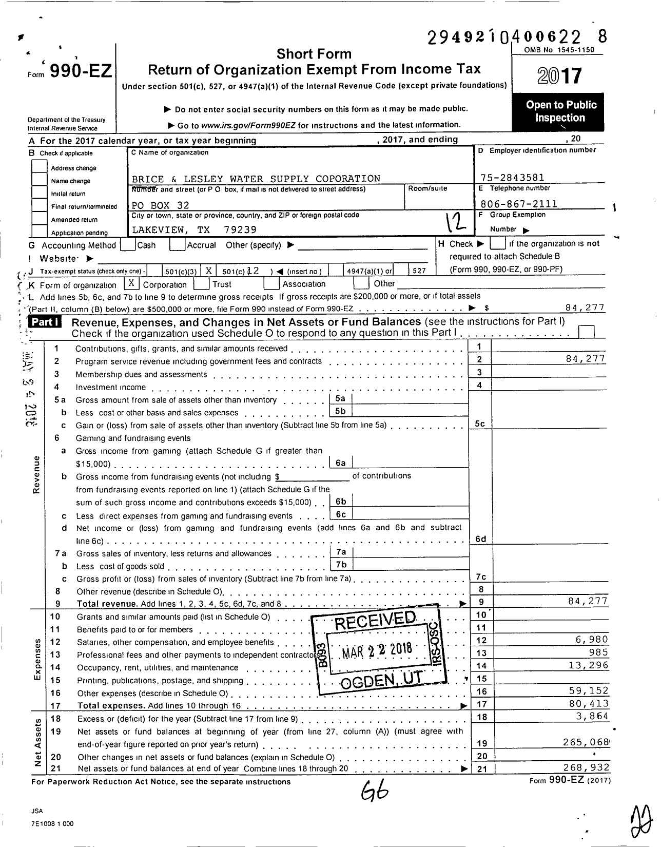 Image of first page of 2017 Form 990EO for Brice and Lesley Water Supply Corporation