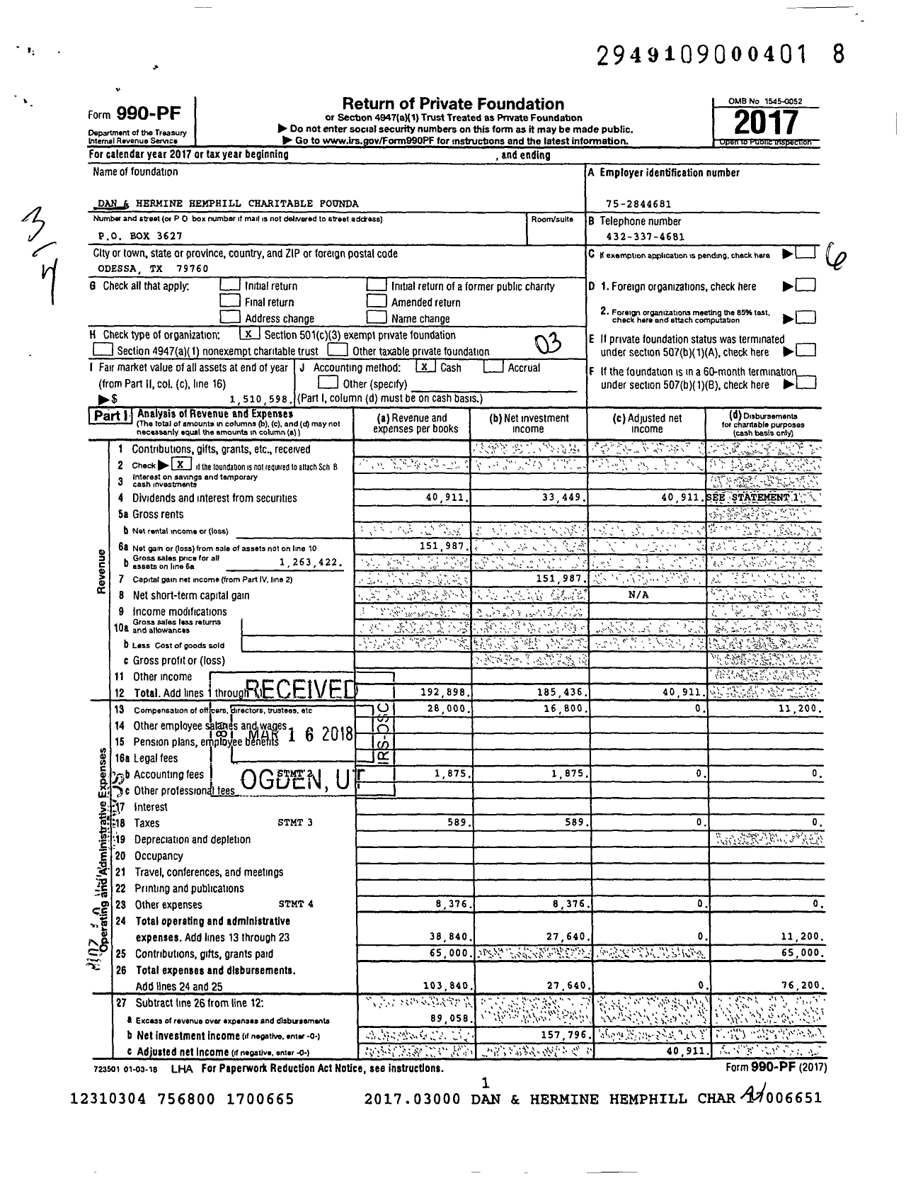 Image of first page of 2017 Form 990PF for Dan and Hermine Hemphill Charitable Foundation