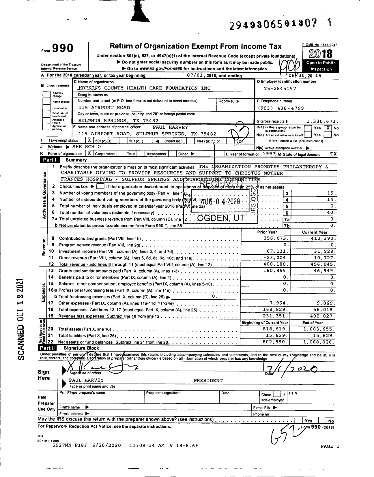 Image of first page of 2018 Form 990 for Hopkins County Health Care Foundation