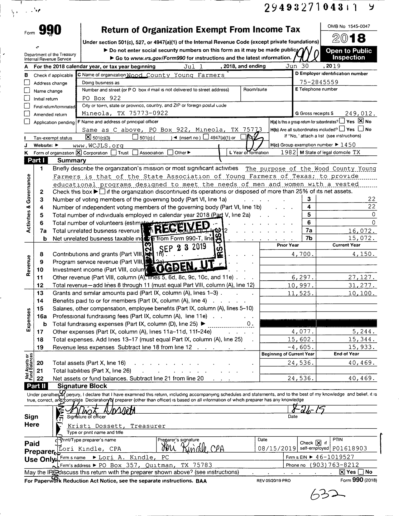 Image of first page of 2018 Form 990 for Wood County Young Farmers